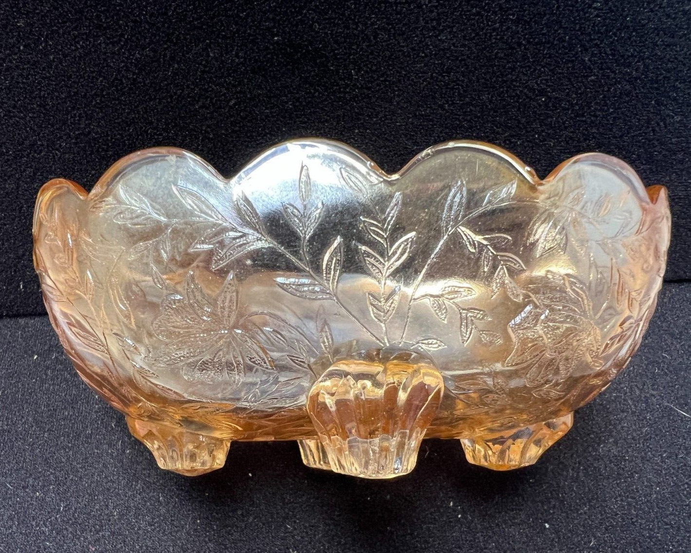 Vtg Jeanette Flora Amber Iridescent Carnival Glass Small Candy Dish bowl 4 feet
