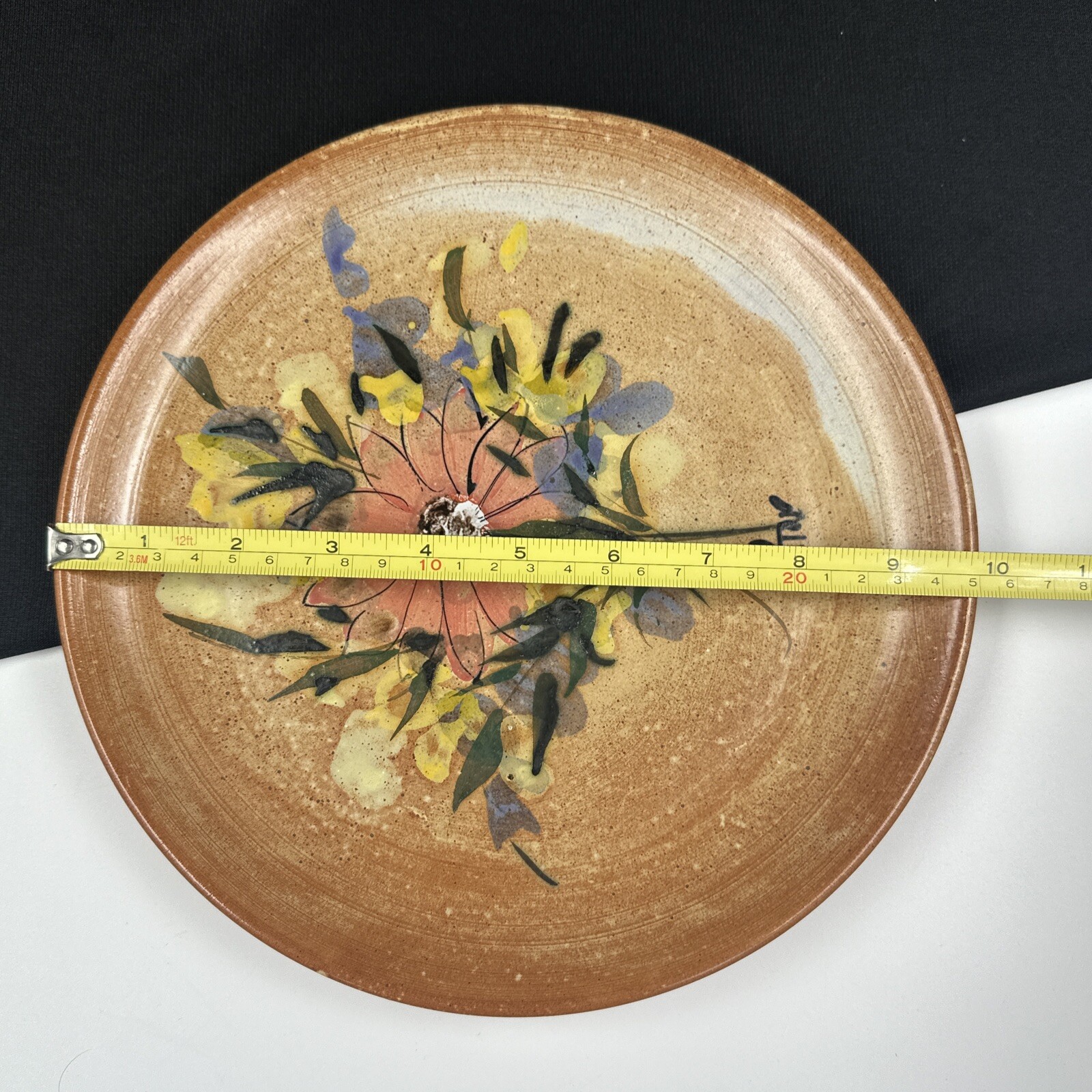 Hand Painted Pottery Plate Pink Flower/Floral Terra Cotta, Signed Home Decor MCM