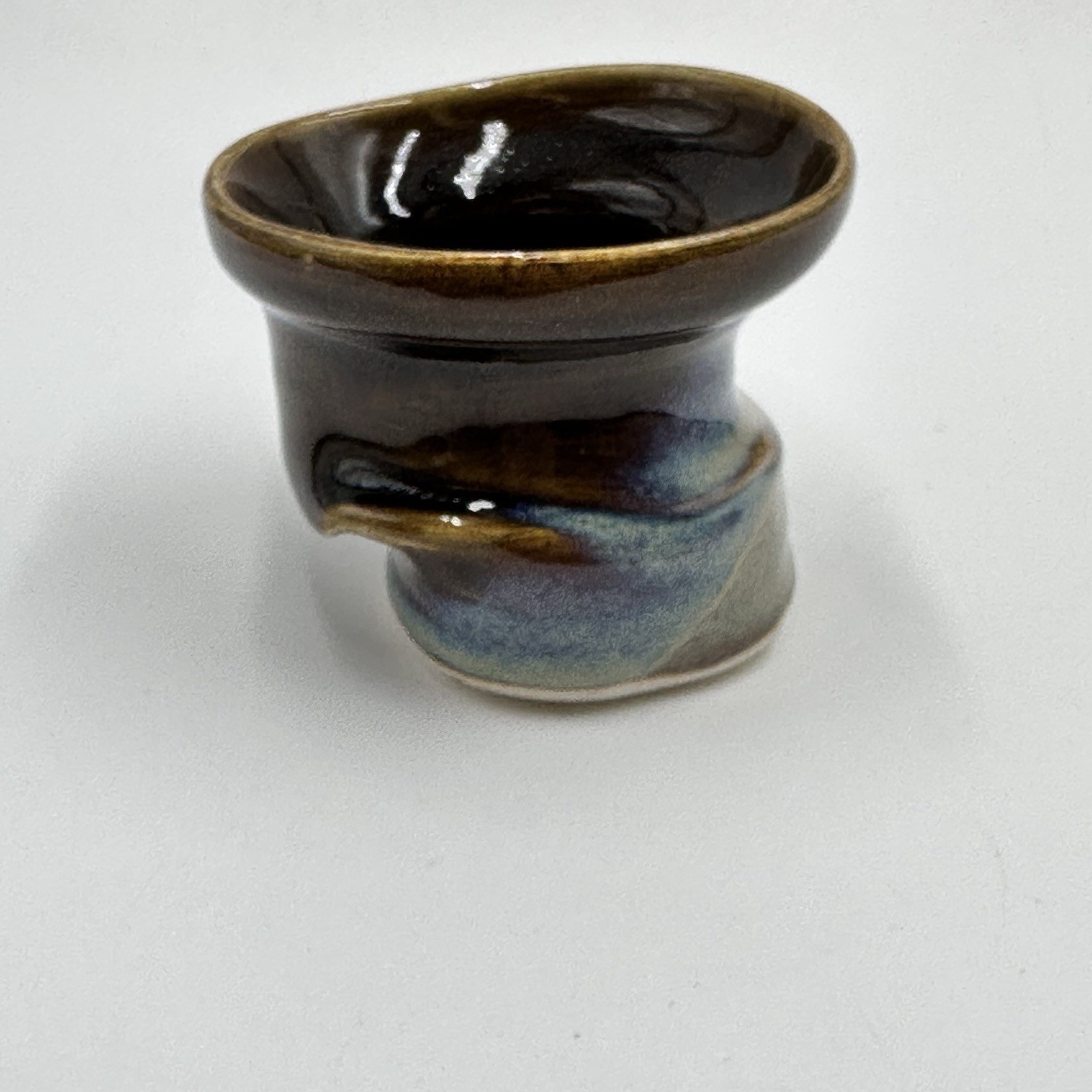 Studio Art Asymmetrical Warped Pottery Cup Blue Drip Glazed Artist Initialed
