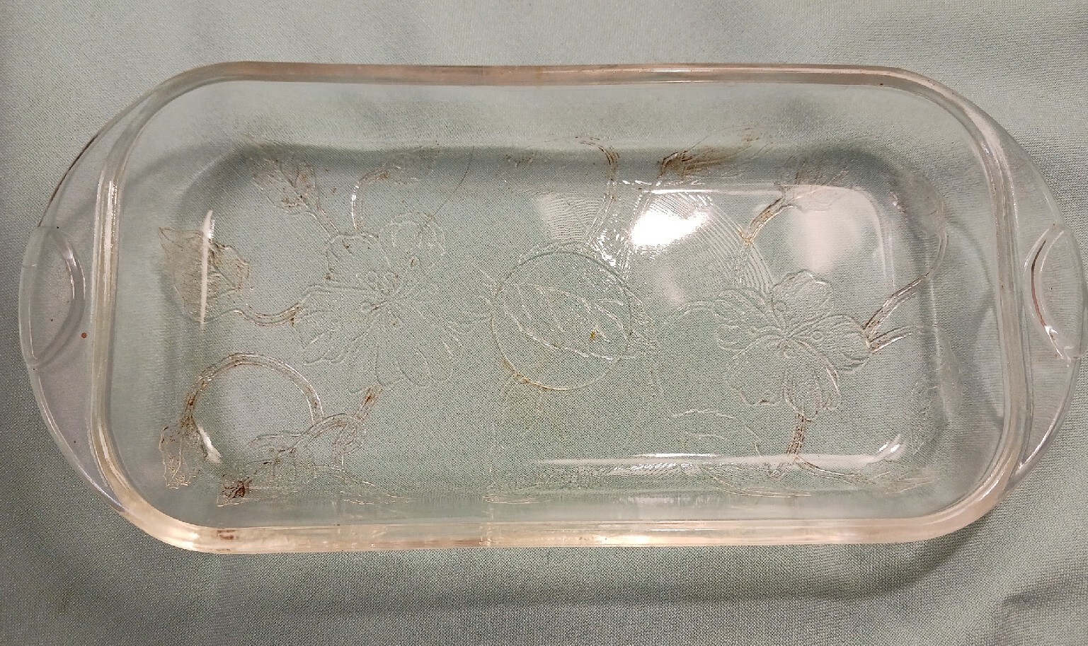Vintage Glass Baking Dish, Pretty Flower Design. 5 x 9 in., +1 in. handles.