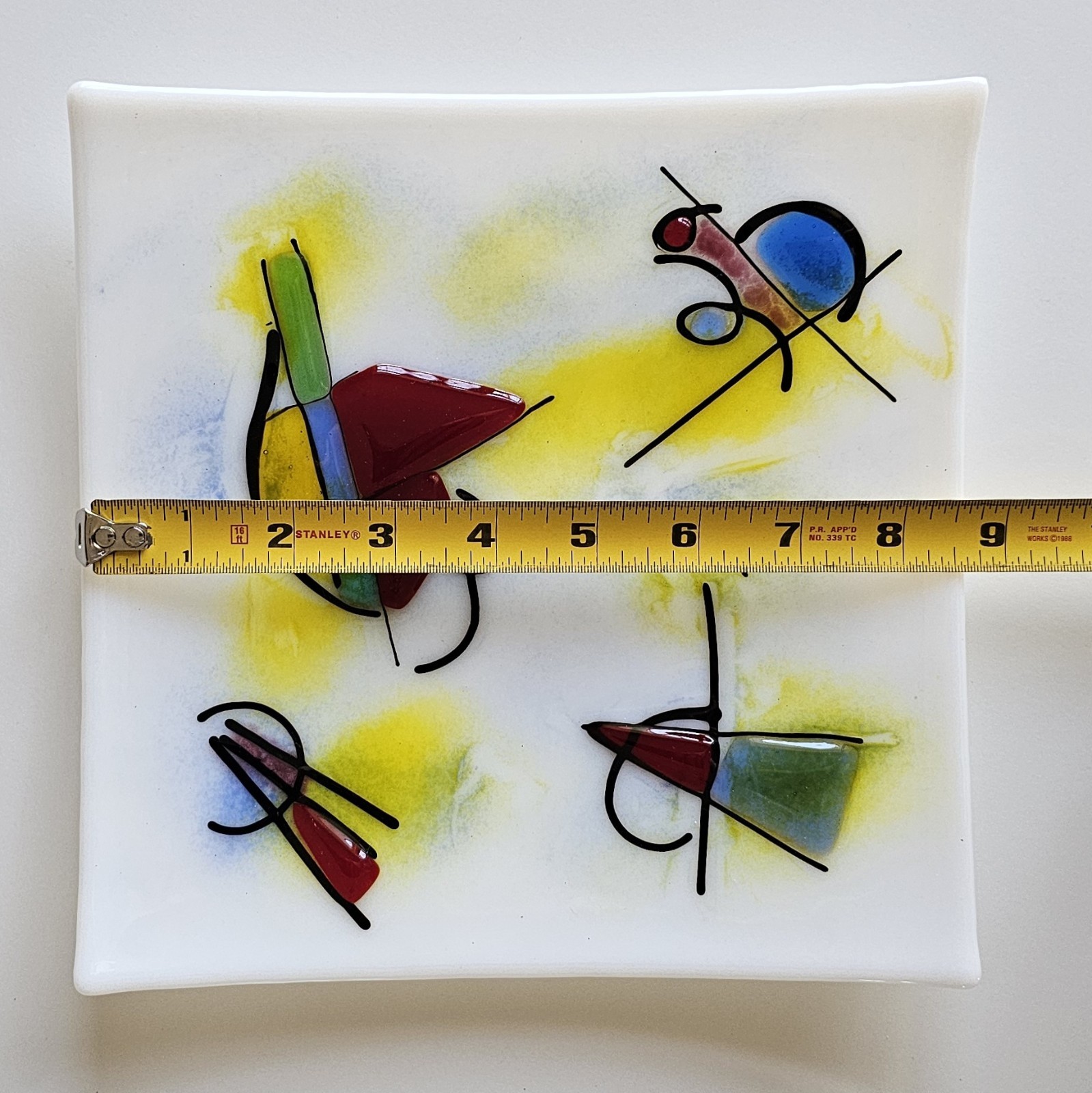 Vintage Fused Glass Abstract Art Plate – Kandinsky Style – MCM 9″ Square White