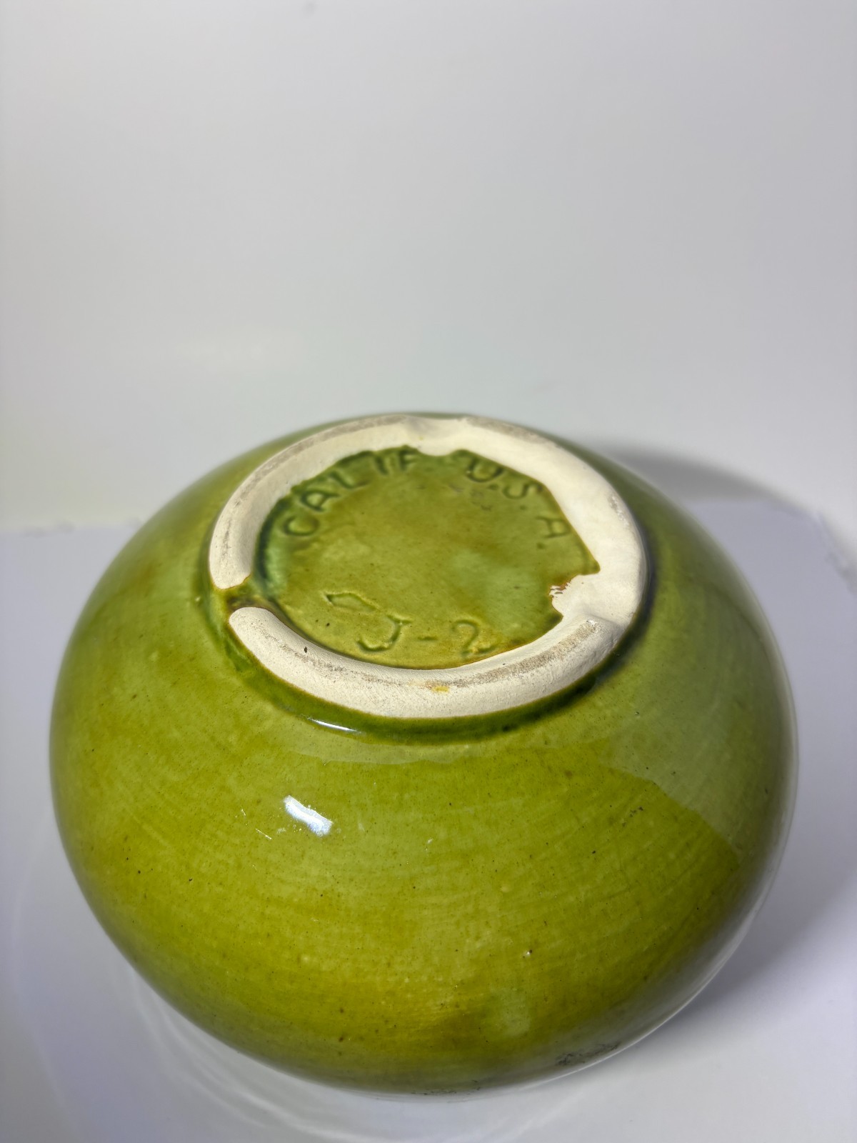 Vintage MCM California Pottery Bowl Green Drip Glaze Calif USA Stamped J-2