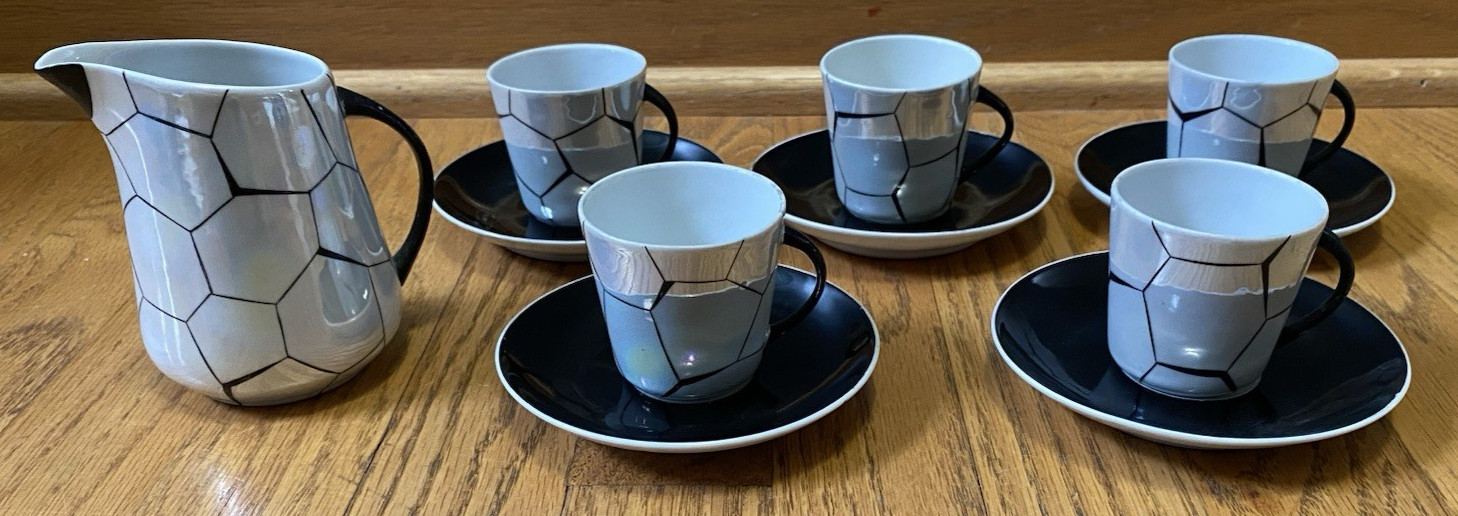 Chodziez Lustre Hexagonal Signed Demitasse Tea Cup Saucer Creamer Poland Vintage