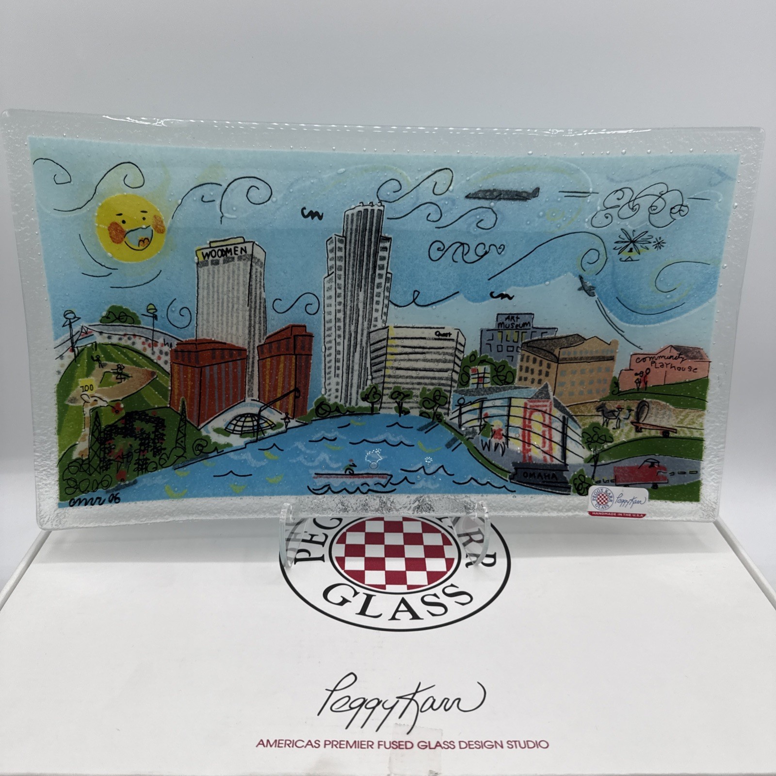 PEGGY KARR Famous Omaha, NE Sites Fused Glass Rectangle 14” Platter Nice