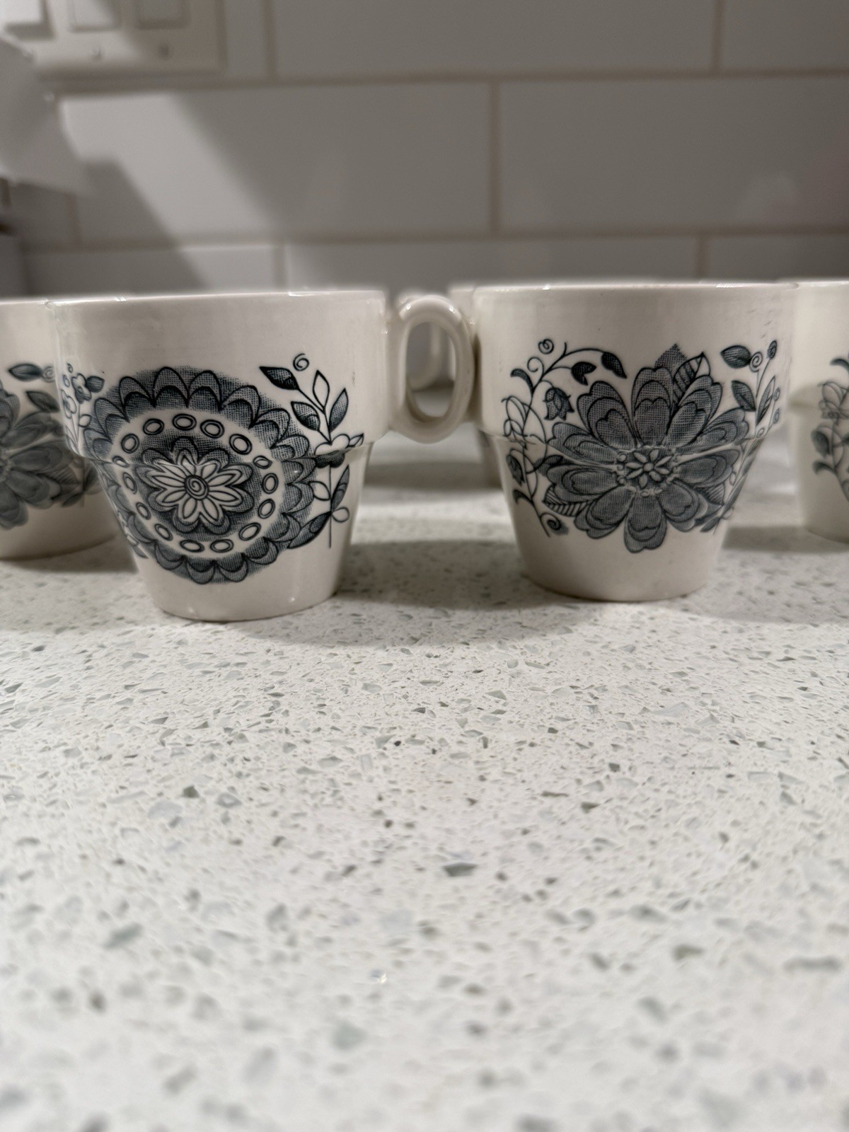 Parker Brothers Ltd Offbeat Blue White Royal Tudor Tea Cups Stackable Set Of 6