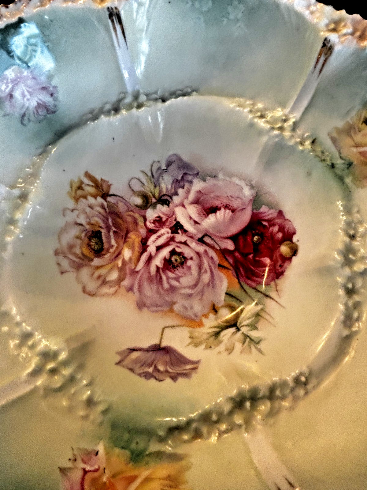 Beautiful RS Prussia Antique Large Deep Floral Bowl 10″ Red Mark PERFECT Cond.