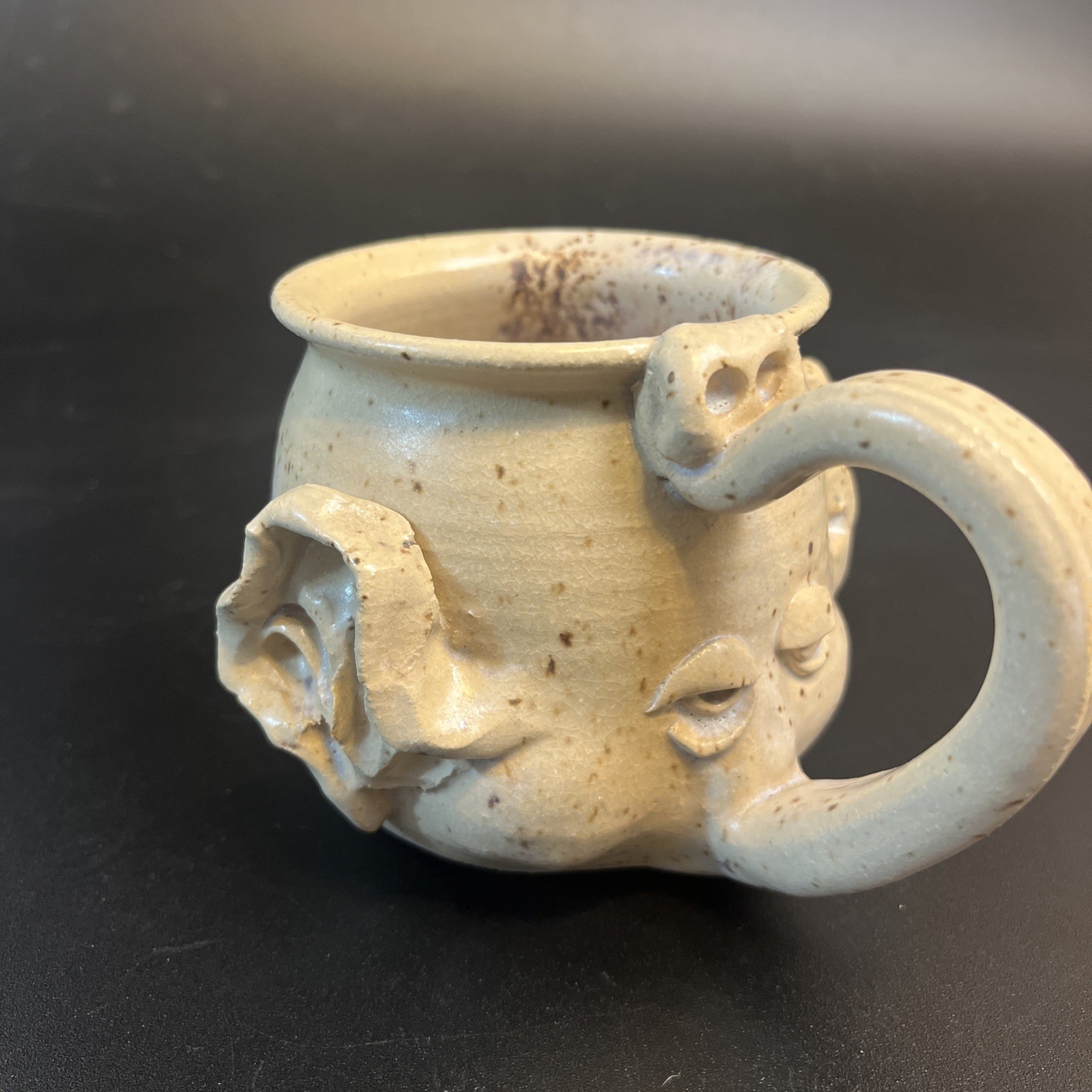 Vtg Stoneware Studio Art Pottery Elephant Funny Face Mug Coffee Cup Signed Trunk
