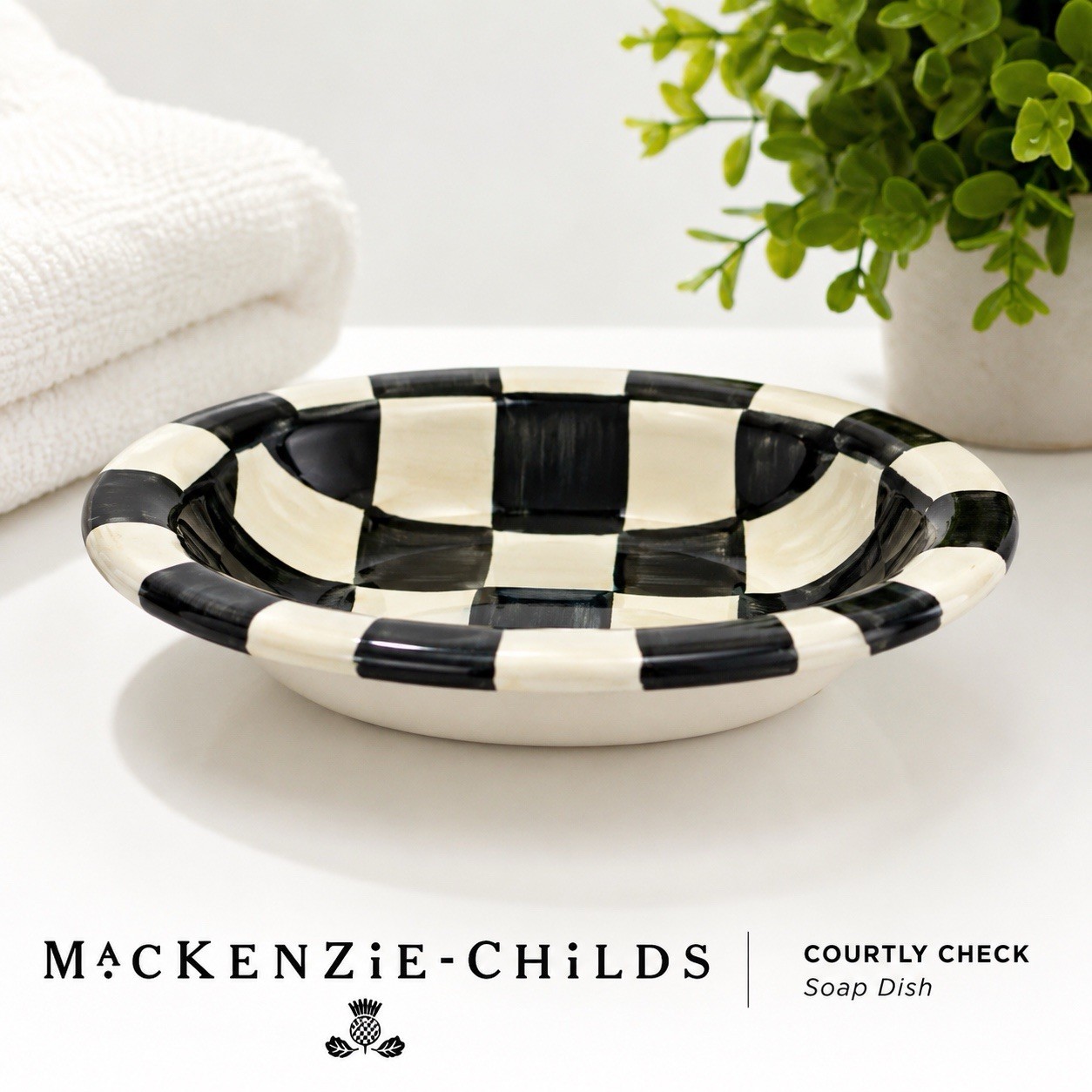 MacKenzie-Childs Courtly Check Steel Soap Dish Black White Bathroom Decor