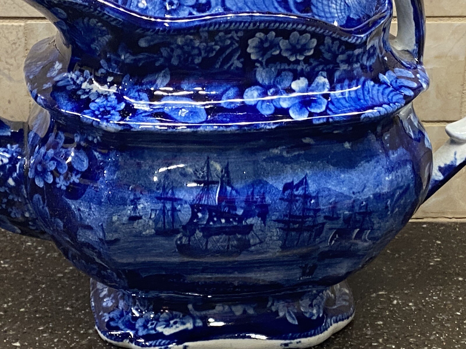Historical Staffordshire Blue Teapot Macdonough’s Victory Ca. 1825