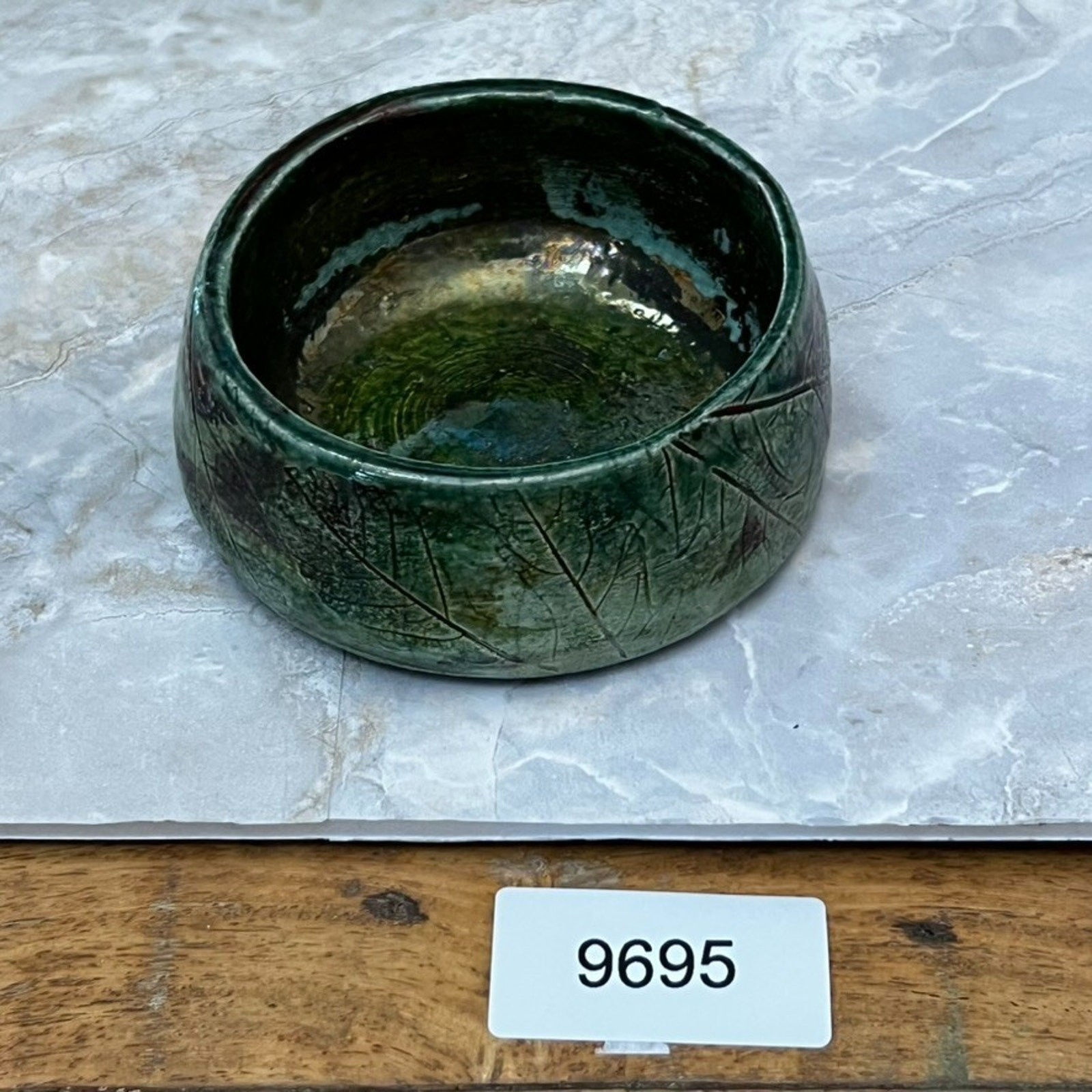 Art Studio Pottery Trinket Bowl Green Glaze Leaf Motif Iridescent Signed