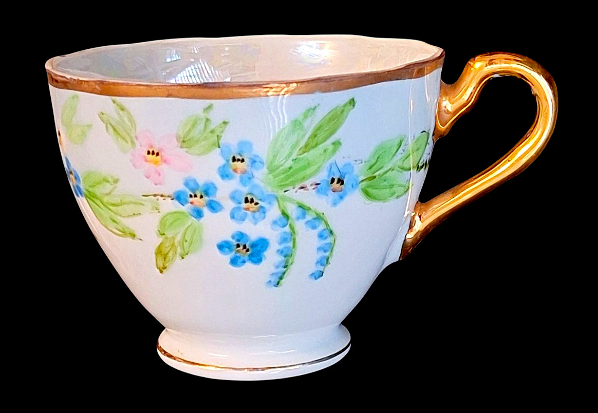 Vintage White Coffee Tea Cup & Saucer Blue Floral Hand-Painted by Ruth of Tucson