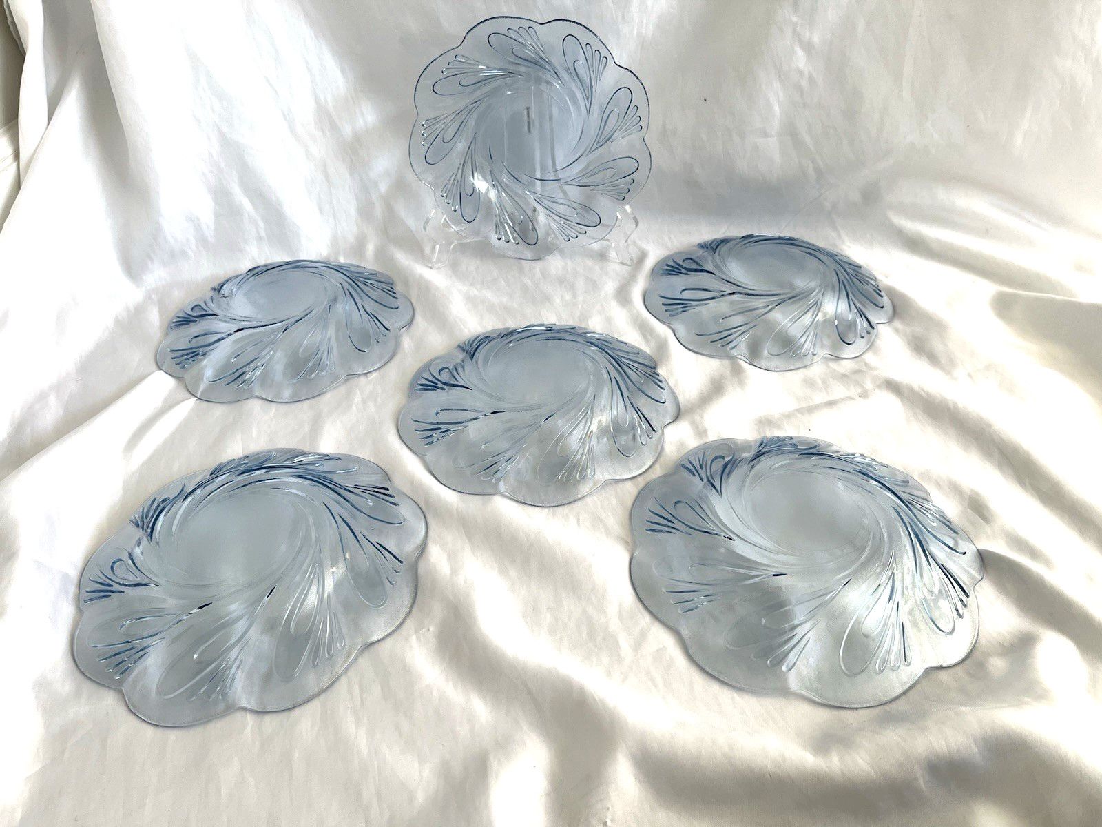 KIG (?) set of 6 clear blue glass 8″1/2″ salad plates-embossed swirls .Indonesia