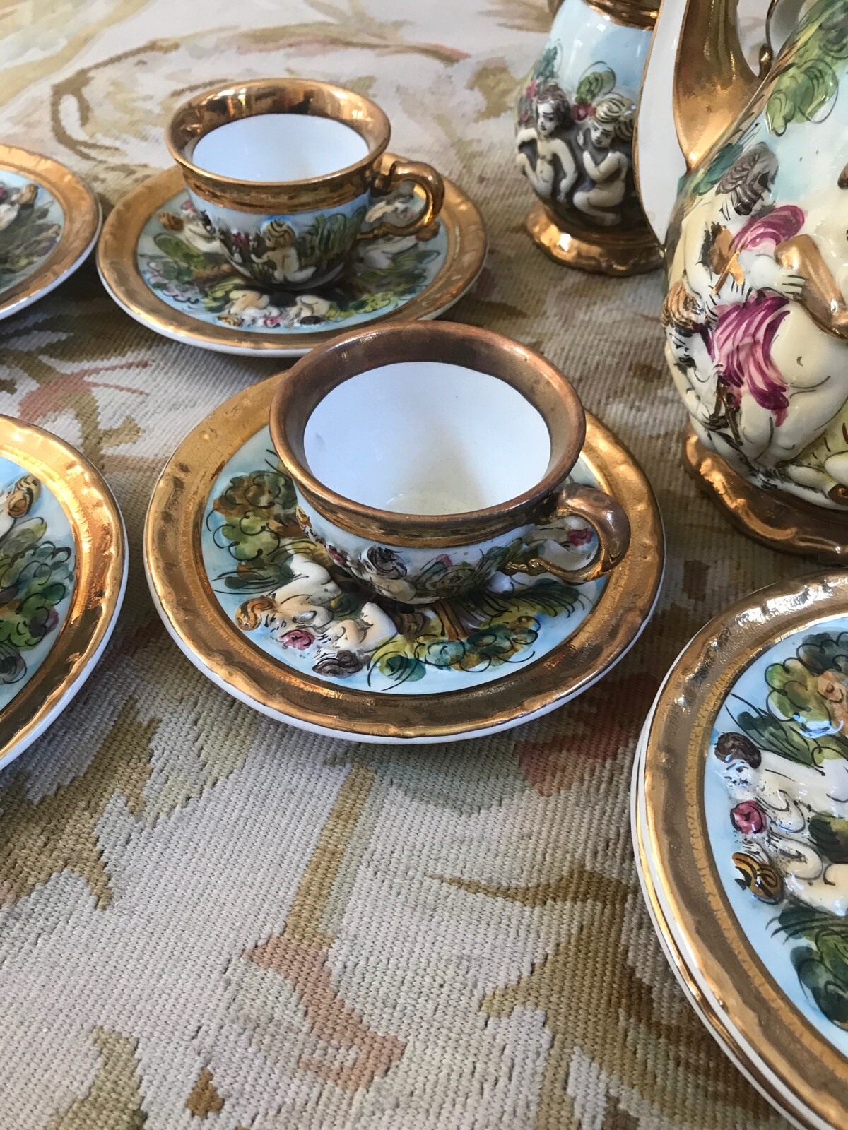 Vintage Capodimonte Italy Cherub & Music Demitasse Espresso Tea Set 15 Pcs NICE!