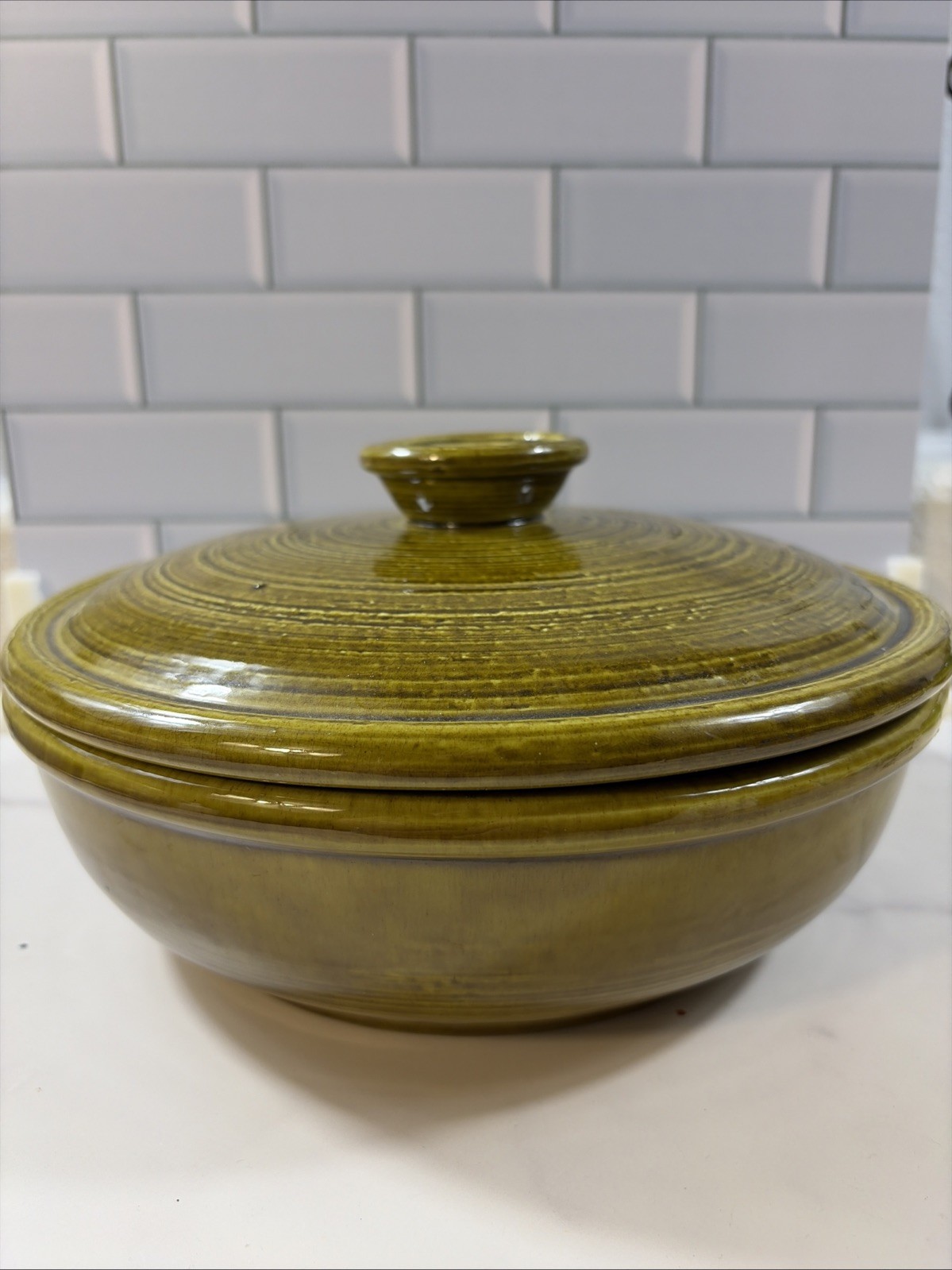 Vintage USA Olive Green Casserole Dish Bowl Lid Pottery Stoneware; MCM Beauty!!