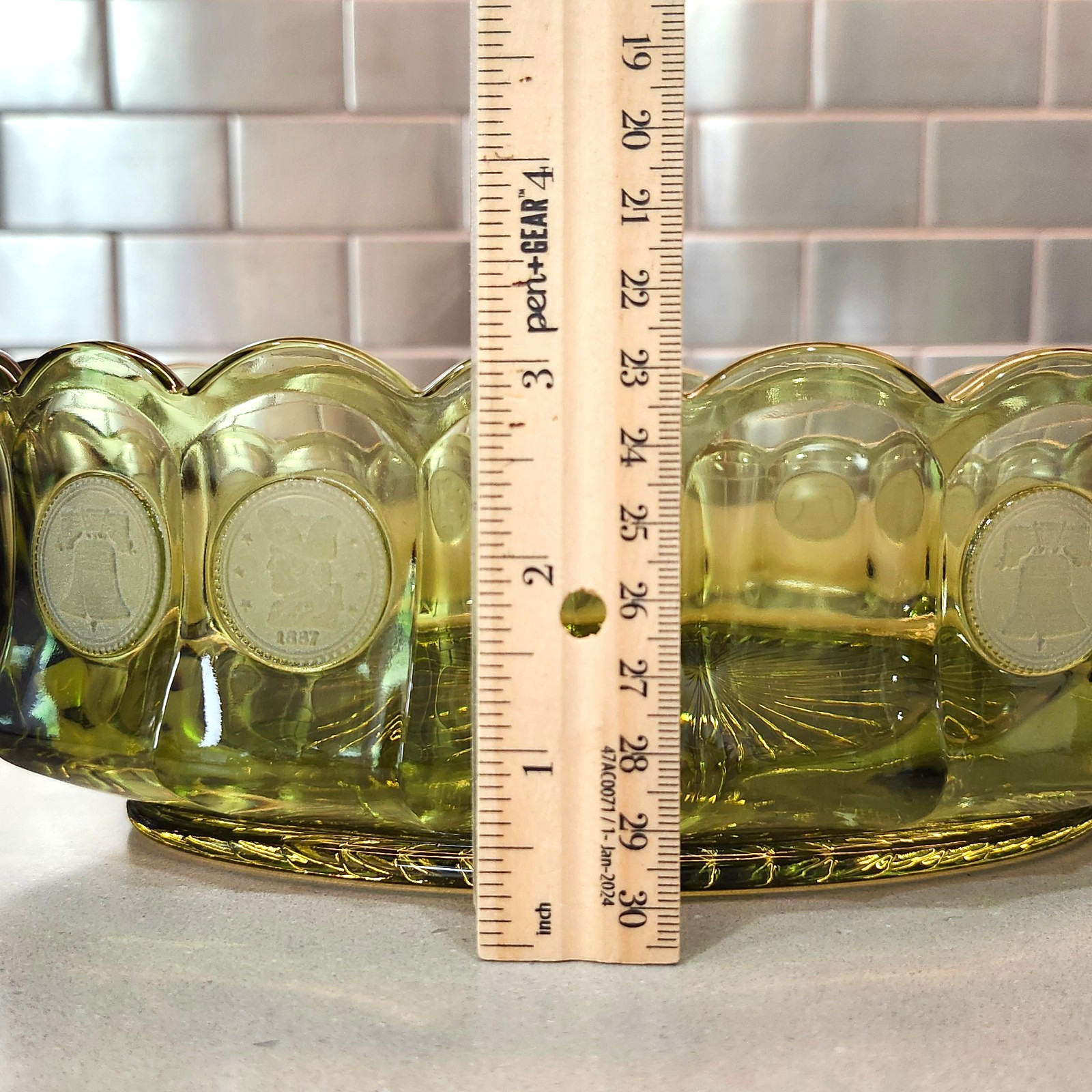 Vintage Fostoria Olive Green Glass Coin Scalloped Edge 9” Oval Serving Bowl