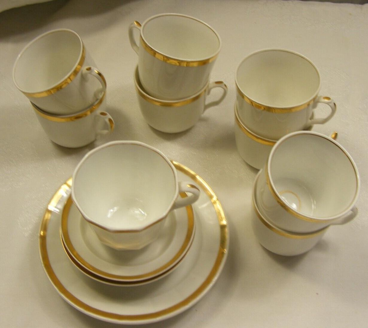 Vintage Lot 14 Pieces White Bowls Plates Cups China Gold Trim 8-C