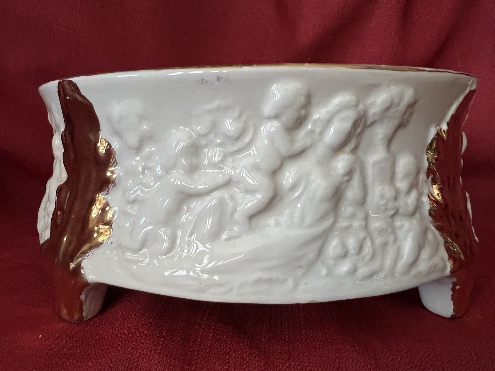 Figural Centerpiece Footed Bowl Embossed Cherubs Goddess Gold Accents Italy VTG
