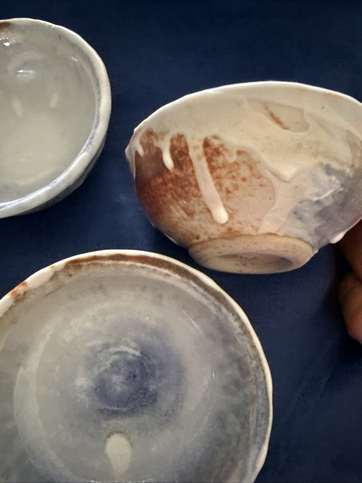 Studio Pottery Set 3 Hand Thrown Dip Bowl Drip Glaze Blue Brown Tones 1.25″x 3″