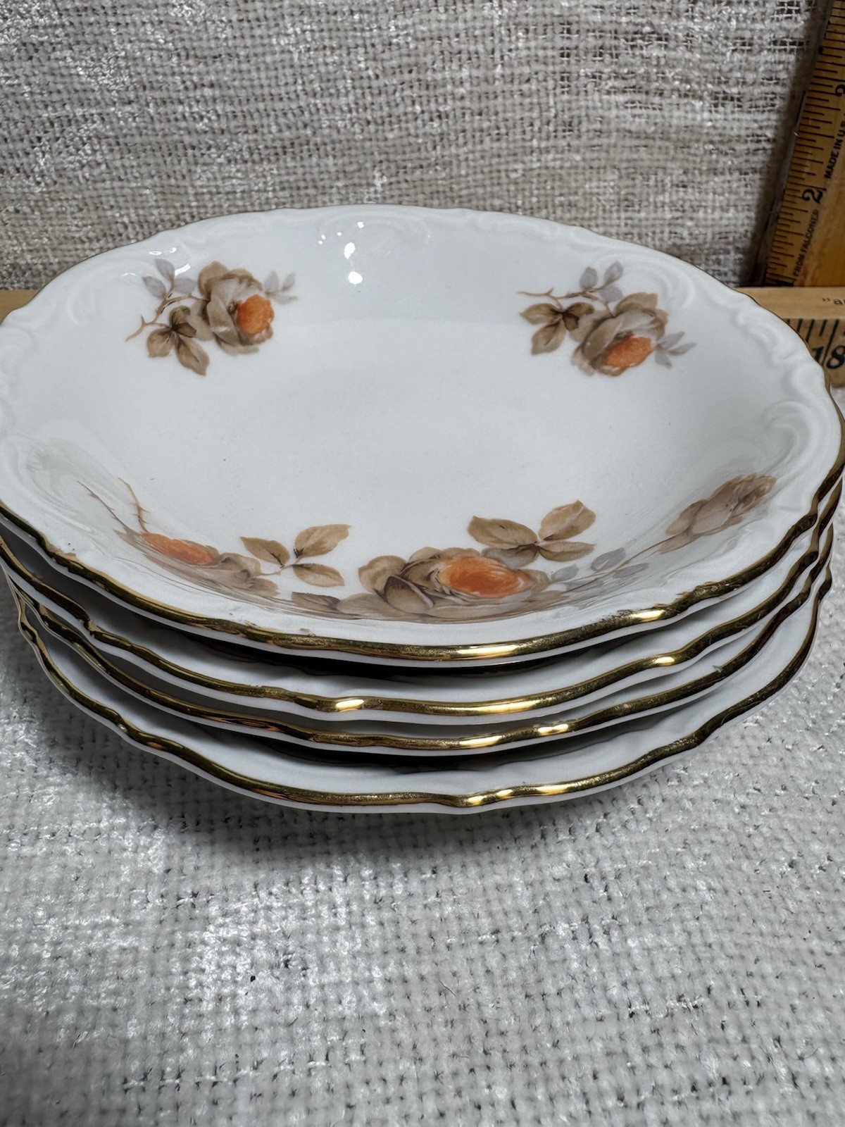 FOUR Mitterteich Bavaria “NORWAY ROSE” FRUIT/SAUCE BOWLS, Porcelain, Gold Trim