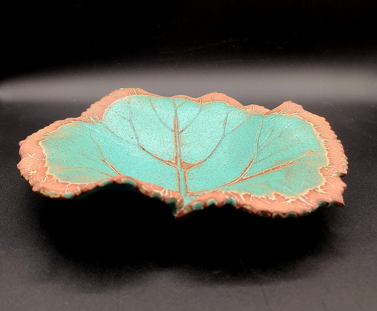 Large Studio Art Pottery Turquoise Maple Leaf Bowl Serving Dish 2007 SIGNED