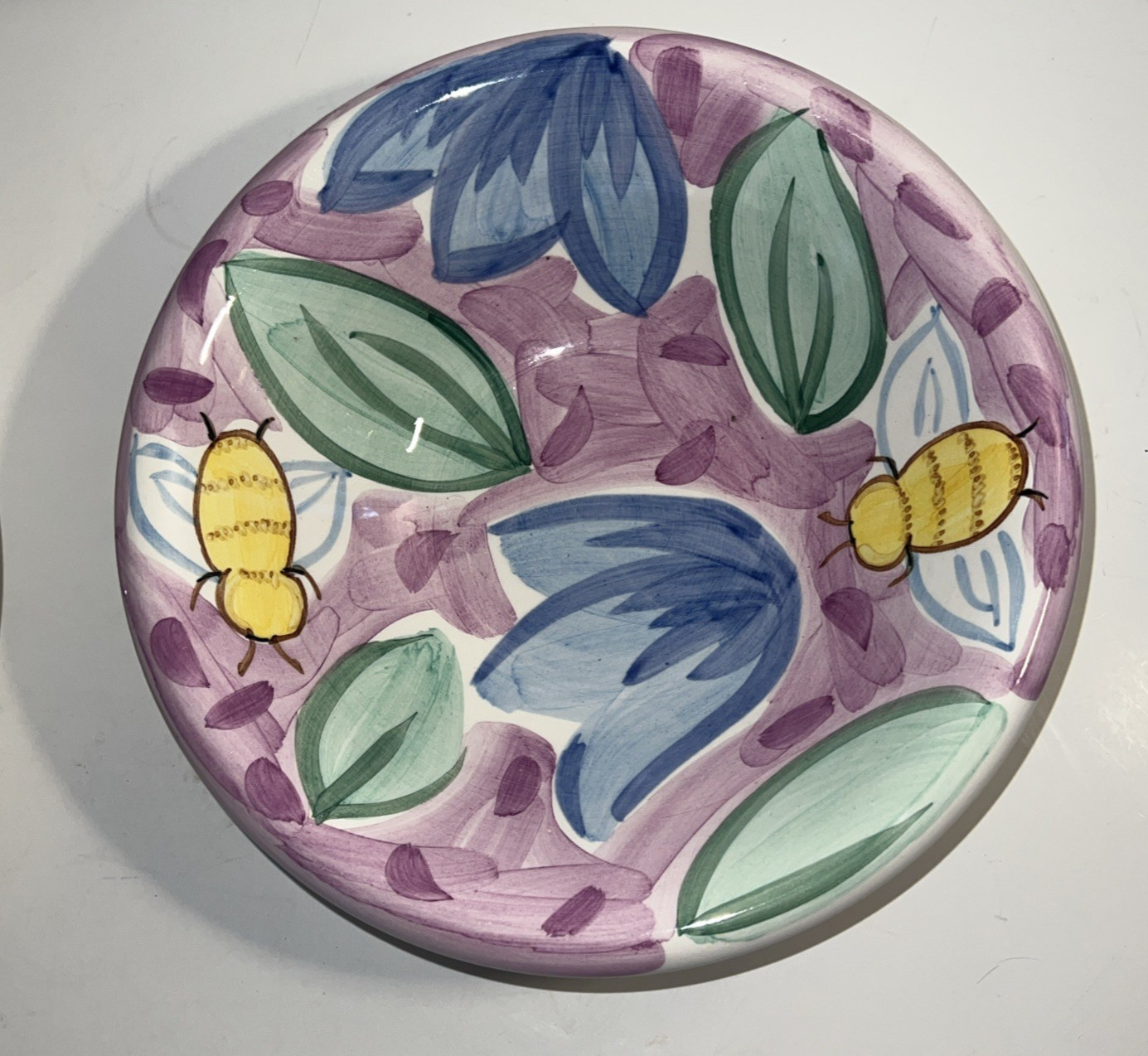 Bella Ceramica Soup Salad Serving Bowls Purple Flowers Bee 8.75”D Set Of 2
