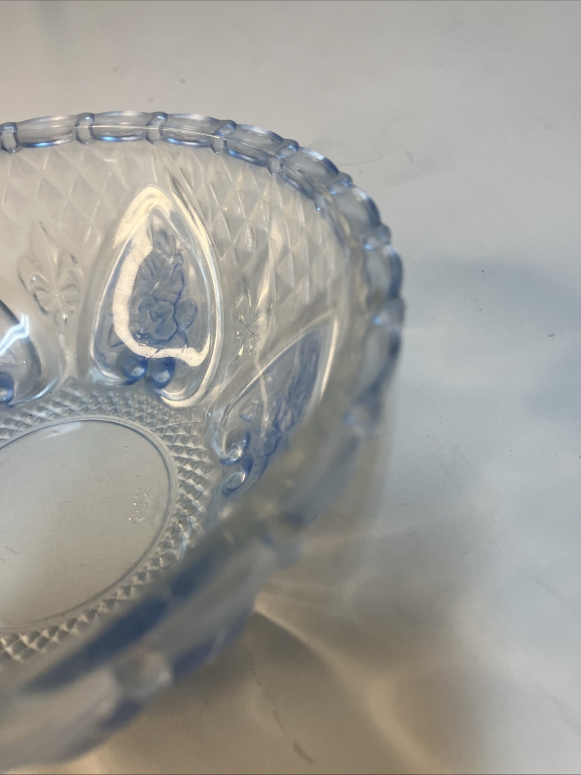 VTG KIG Indonesia Light Blue Pressed Glass Candy Dish Bowl Floral Heart 5”x2”