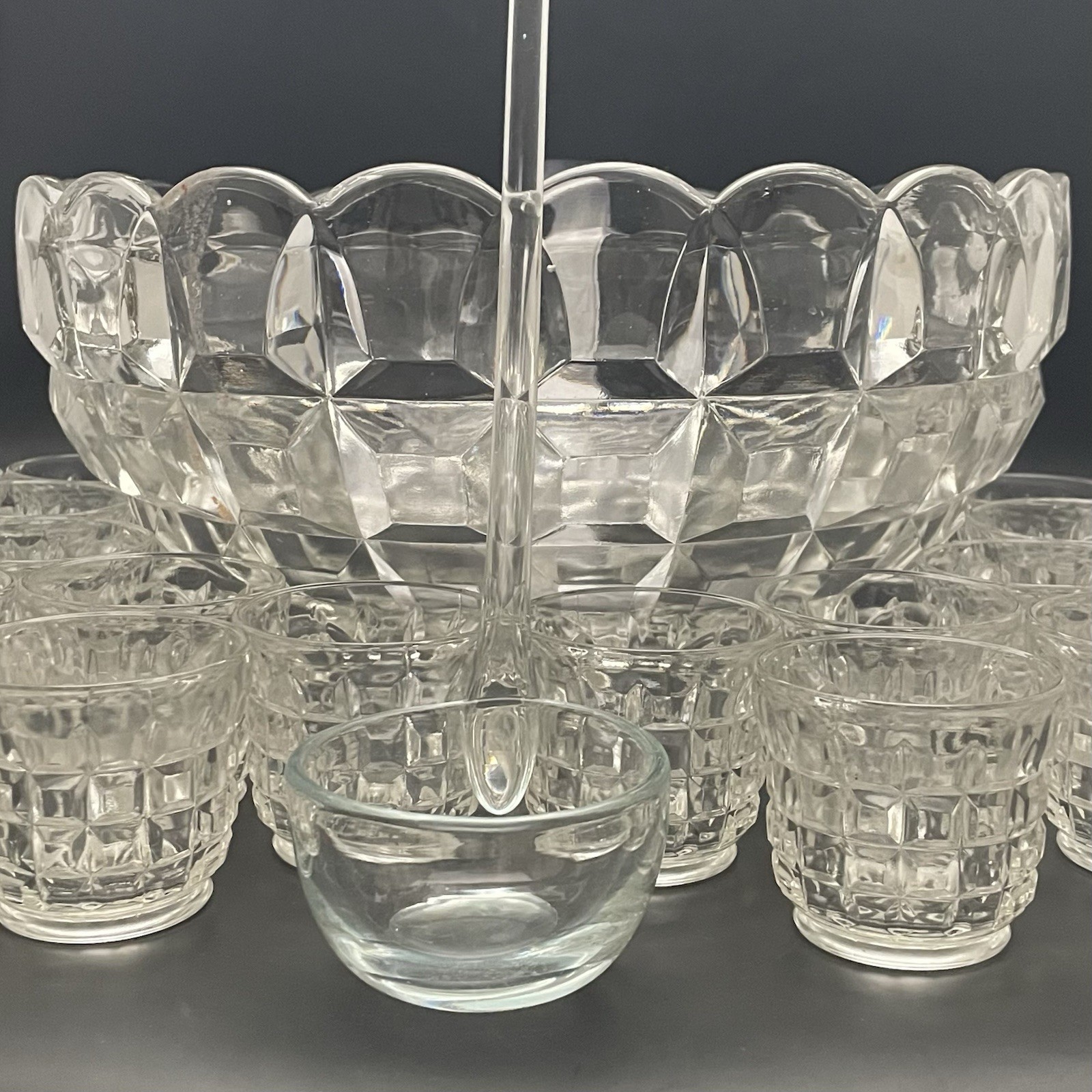 Tiffin Square Diamonds Beveled Block Waffle 25pc Glass Punch Bowl Set c1950s USA