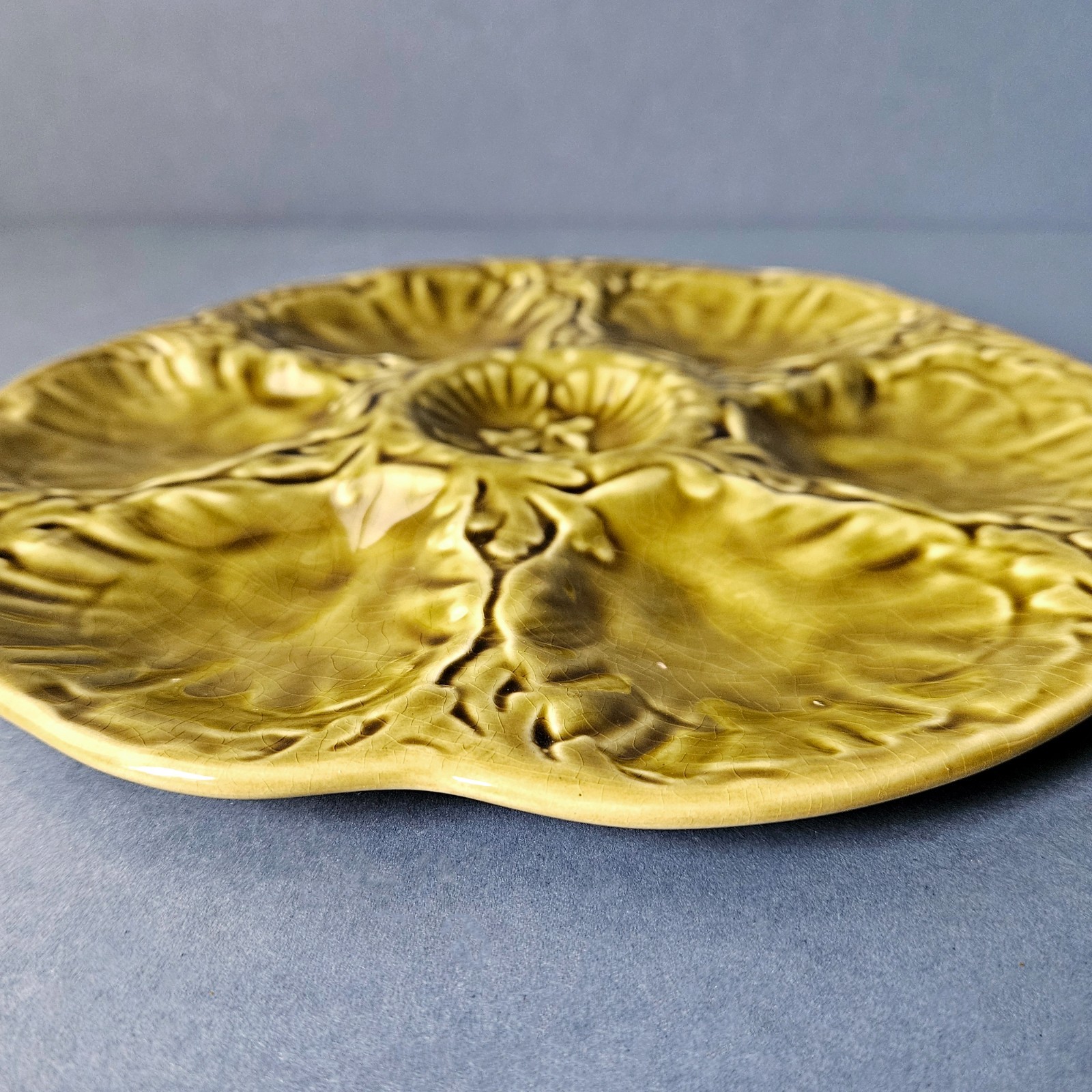 Vintage Yellowish Brown Olive Green French Majolica Oyster Plate by Gien