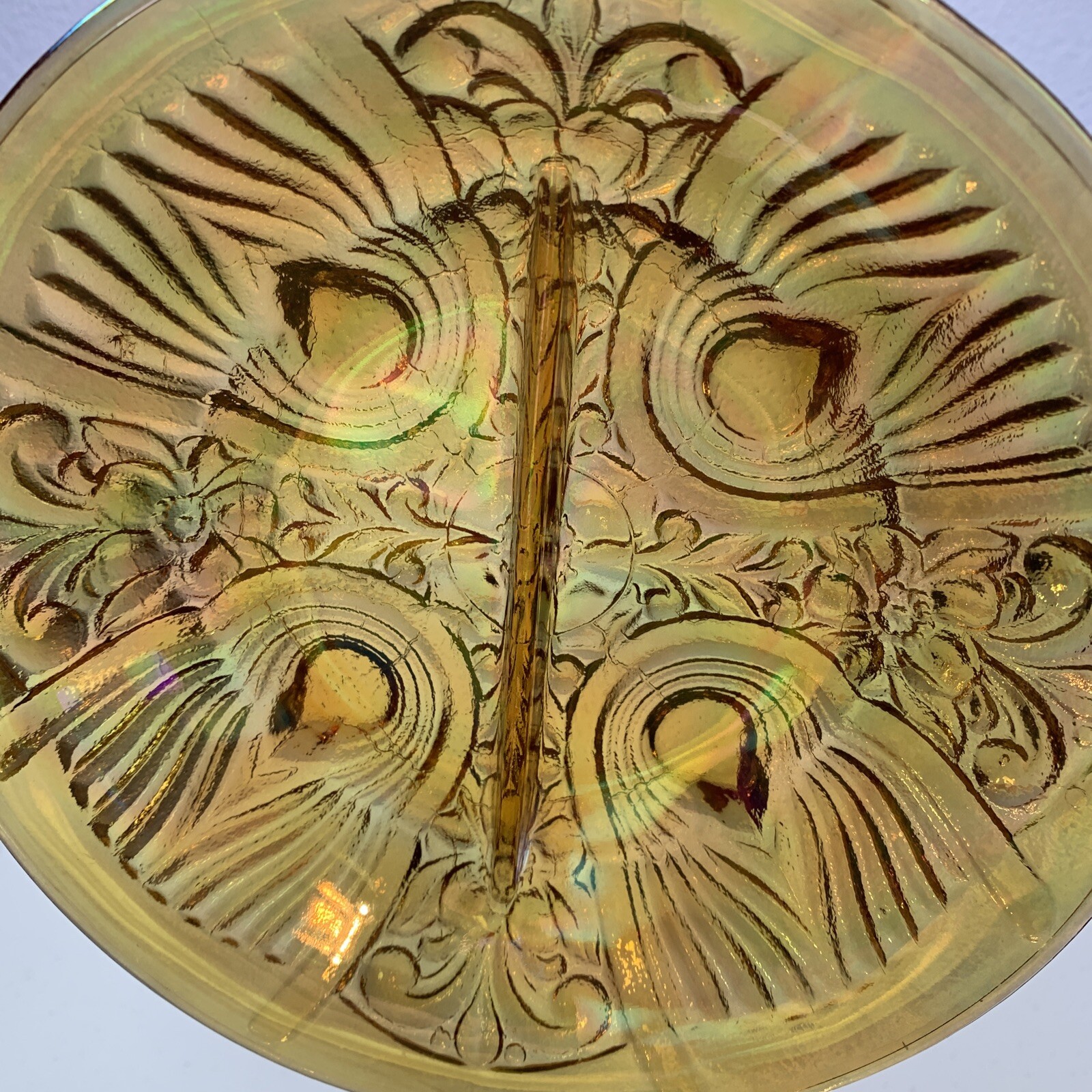 Vintage Indiana Carnival Glass Candy Dish 7.5″ Amber Iridescent Divided