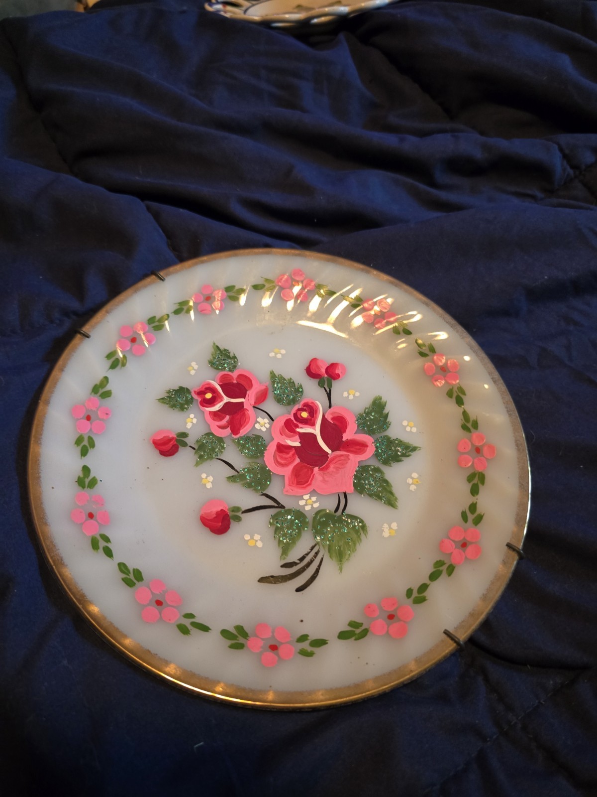 Glass Decorative Plate White Pink Green Gold Floral Round Glossy Finish