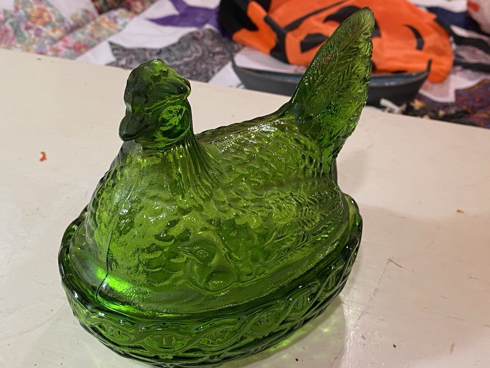 VTG L. E. Smith Emerald Green Hen On Nest Glass Chicken Dish w/Chicks Rustic