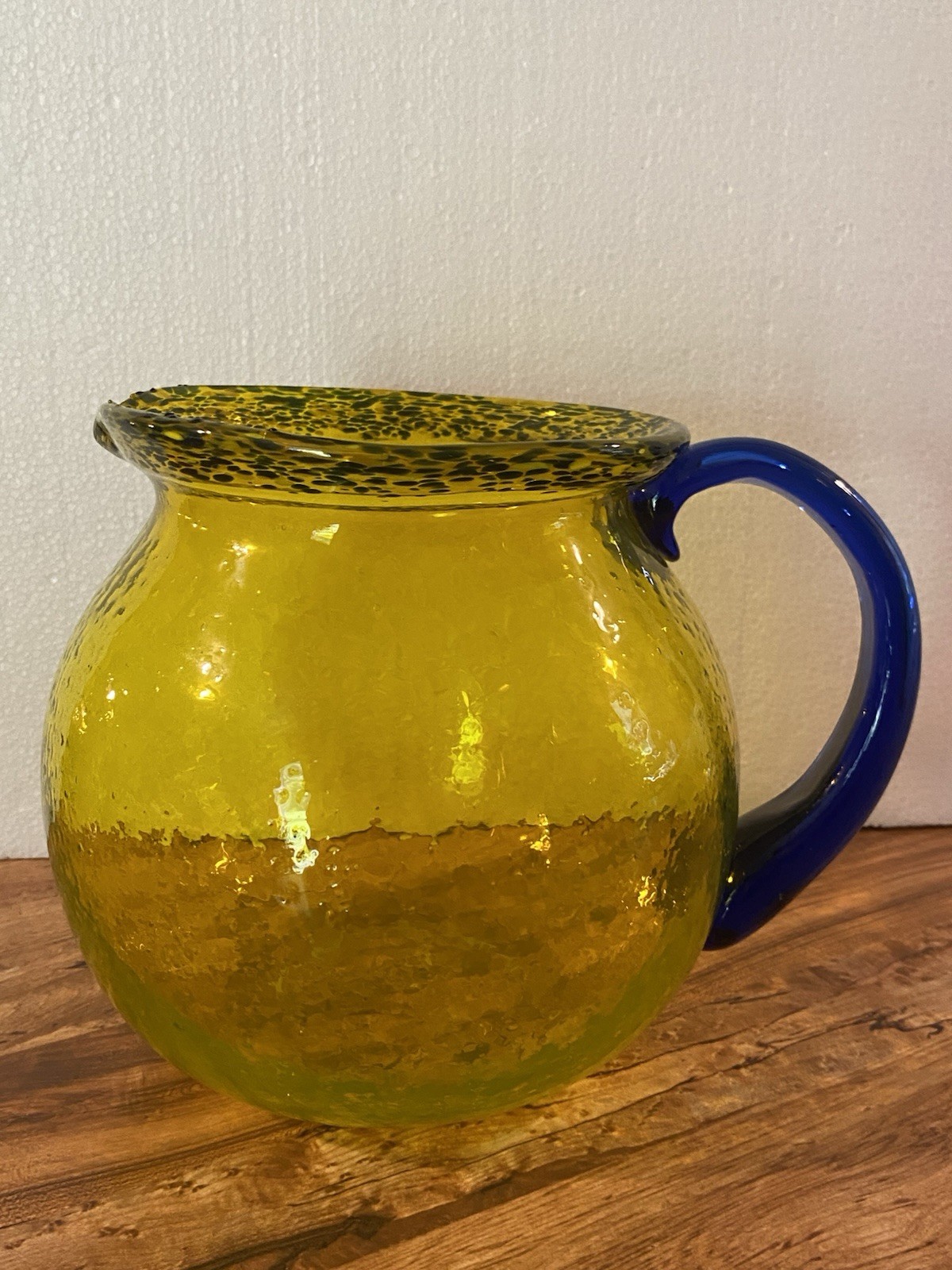 Hand Blown Yellow & Cobalt Blue Glass Pitcher