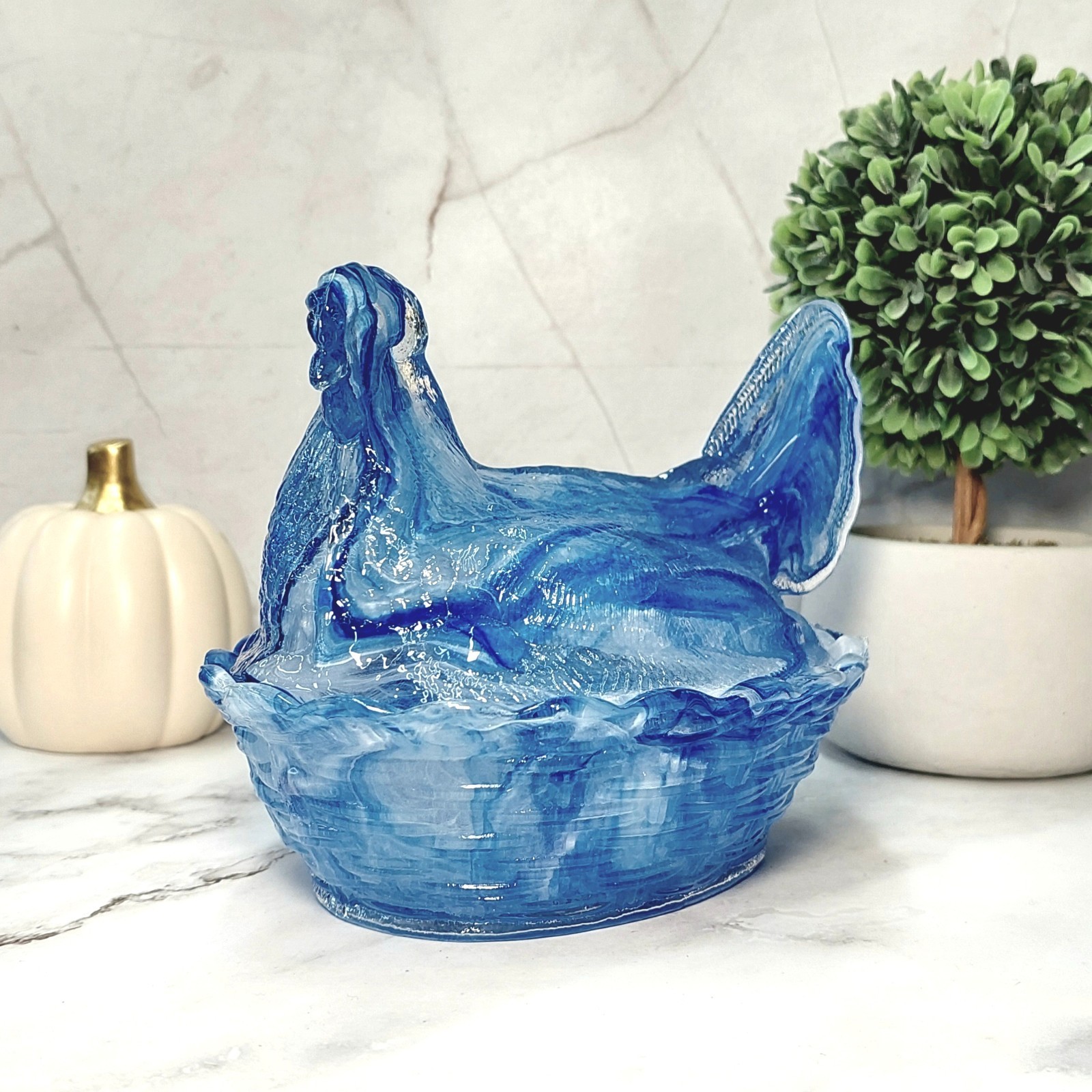 Hen on Nest Chicken Blue Cream Swirl Glass Depression Style Candy Dish, Vintage