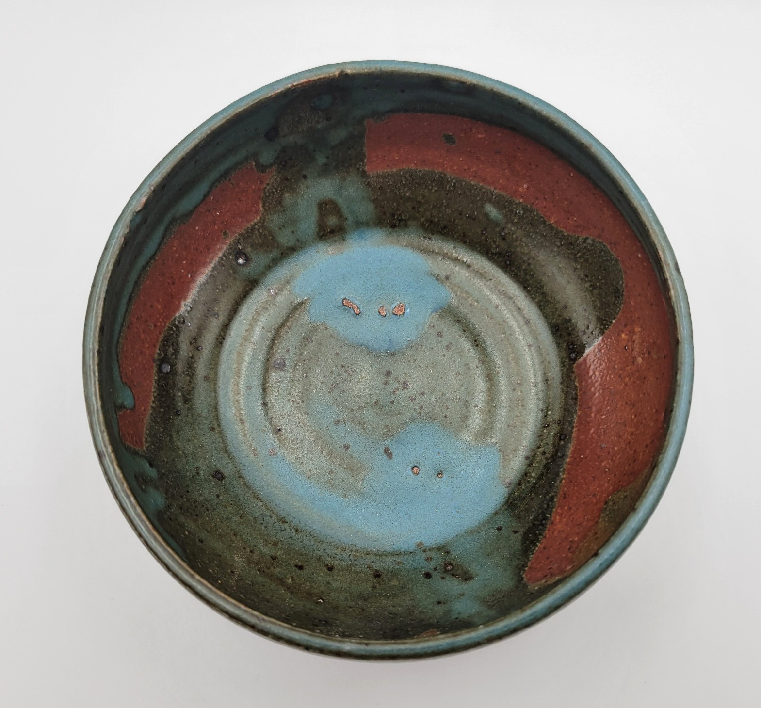 Hand Thrown Art Pottery Bowl Multi Layer Glaze Green Blue Red NM Artist Signed