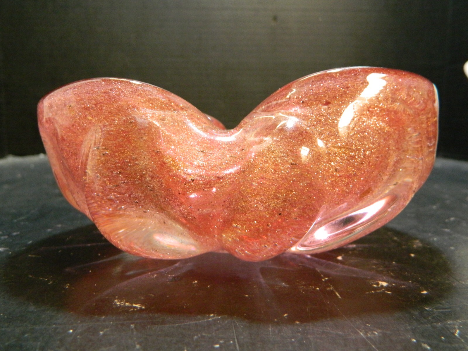 Murano Hand Blown Cranberry Art Glass Pinched Sides Bowl w/ Gold Dust 5.5″ Excel