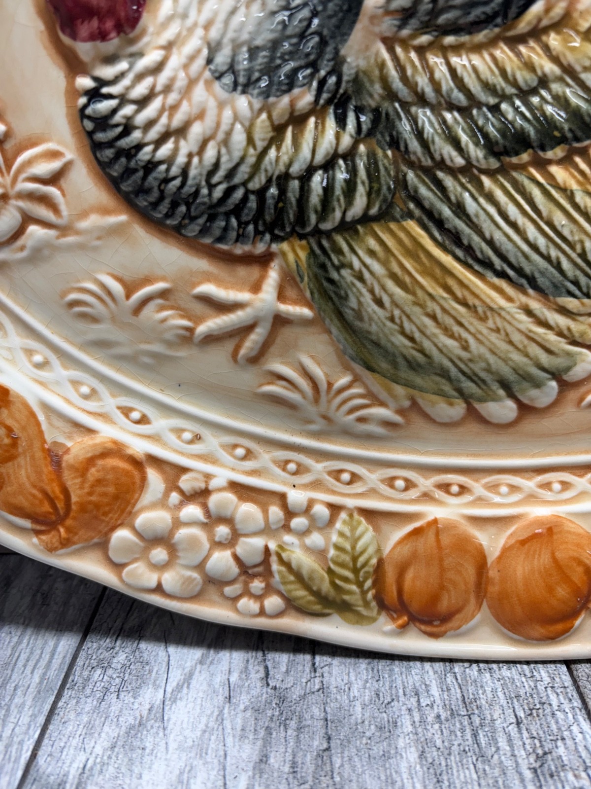Vintage Sakakibara MCM Turkey Platter Oval Ceramic Embossed Hand Painted Japan