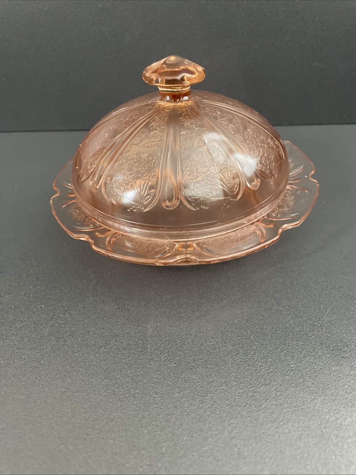 Jeannette Soft Salmon Pink Cherry Blossom Depression Glass Covered Butter Dish