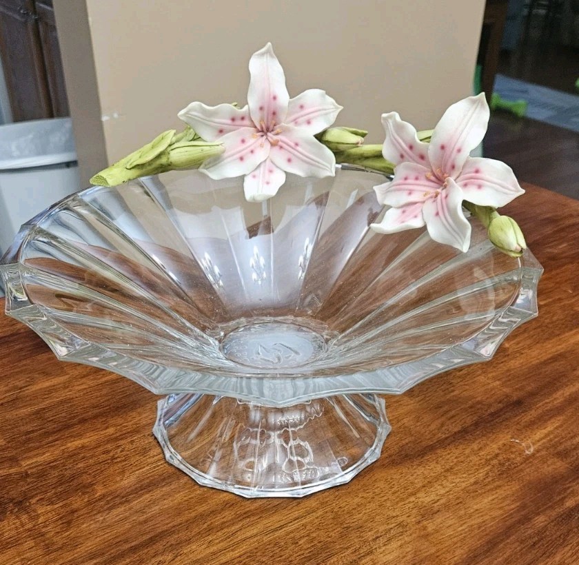Vintage Floral Centerpiece Glass Pedestal Bowl & Matching Porcelain Lily Candle