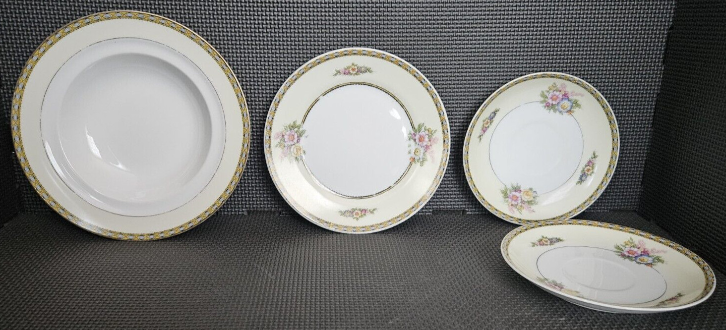 4 VTG Noritake Juanita Plate Bowl Set W/ RARE “Pre-Patent Soup Bowl (no flowers)