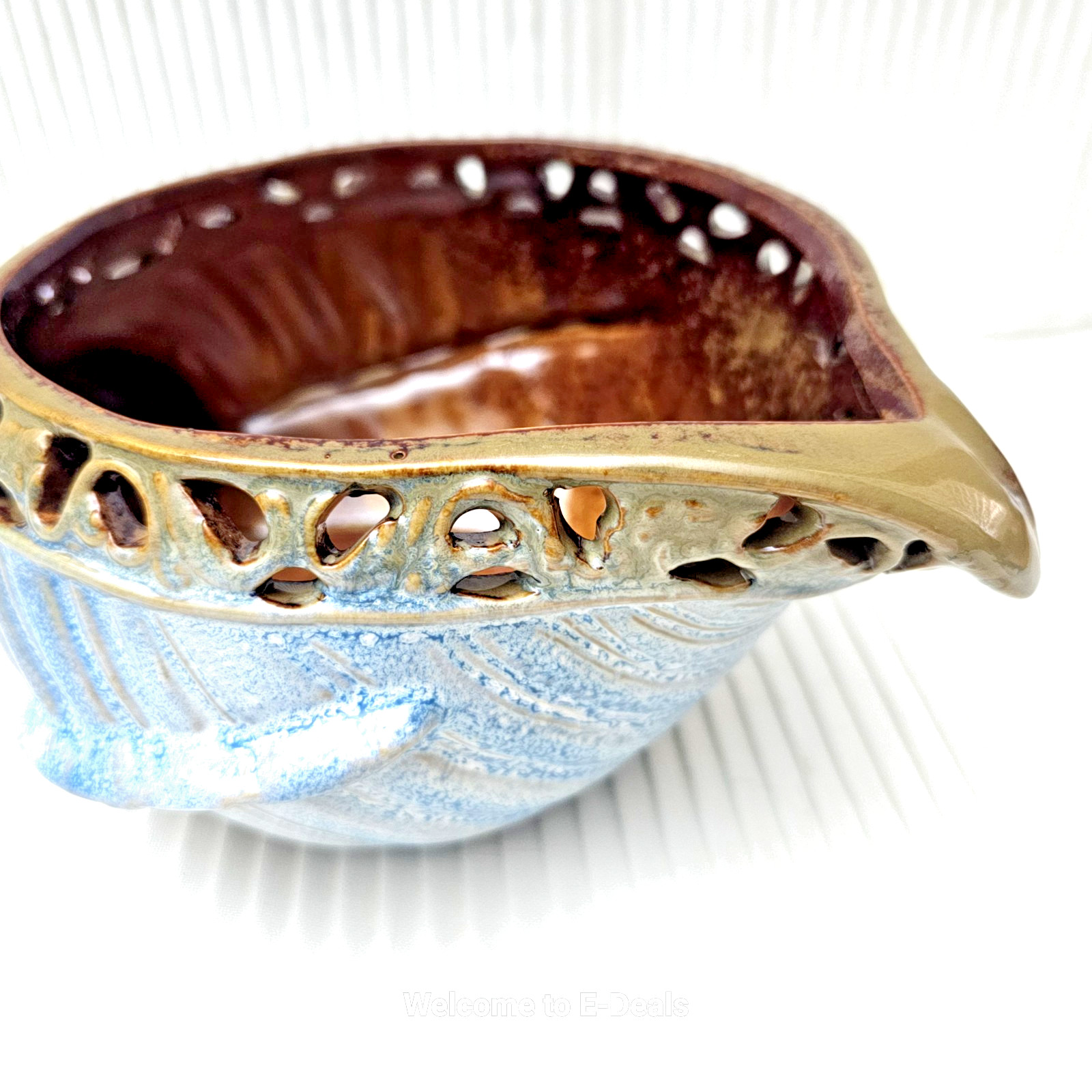 VINTAGE Blue Brown Glazed Ceramic Conch Shell Bowl