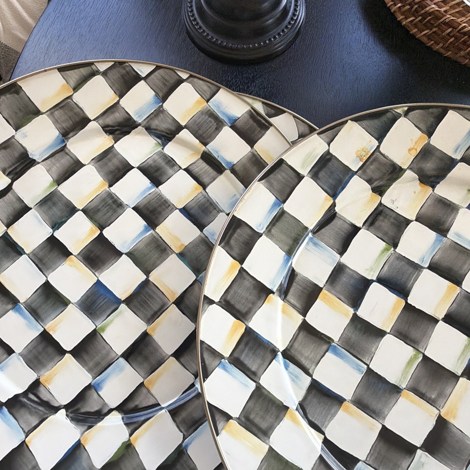 MACKENZIE CHILDS COURTLY CHECK BLACK & WHITE ENAMEL 16″ PLATTERS X6