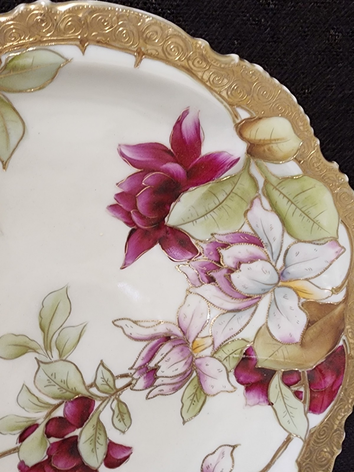 Antique Nippon 12.5” Wall Plate Charger Hand Painted Purple Floral Flowers Gold