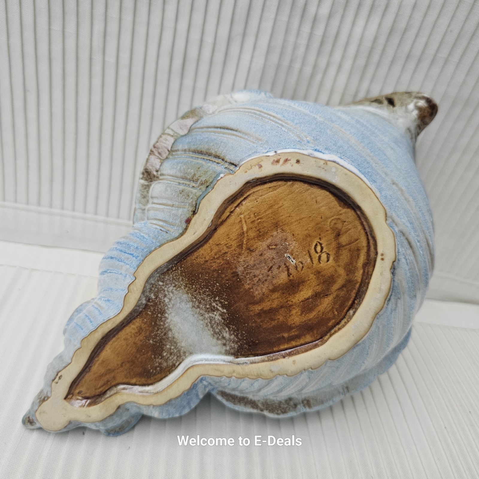 VINTAGE Blue Brown Glazed Ceramic Conch Shell Bowl