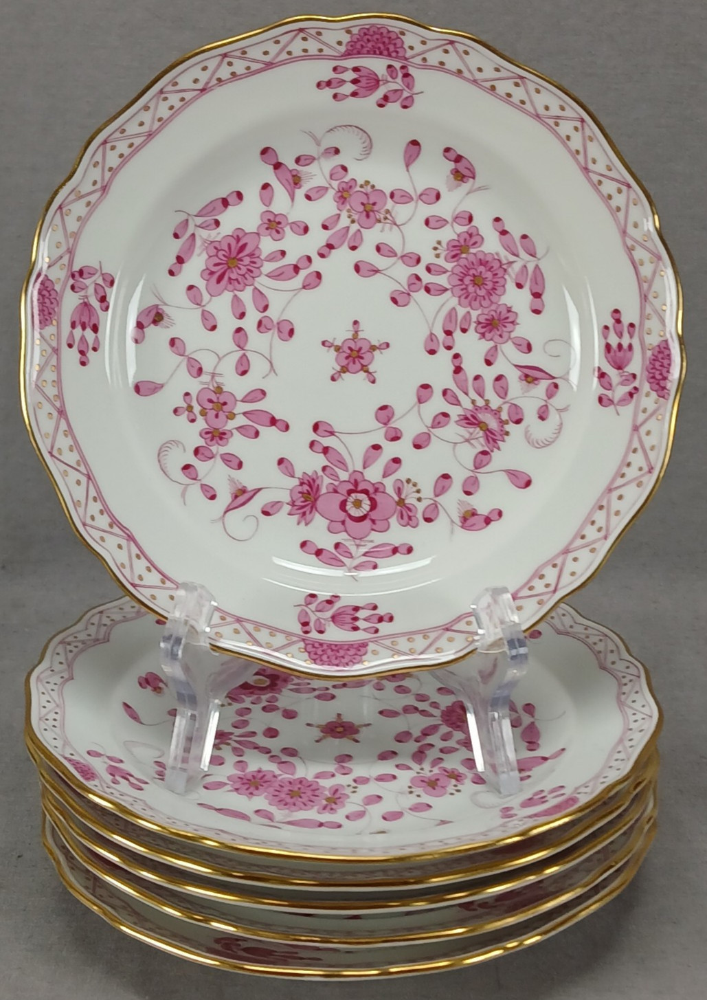 Set of 6 Meissen Hand Painted Pink Puce Indian & Gold 7 1/8 Inch Plates