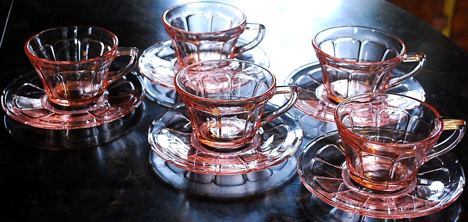 Vtg Set 5 ‘VICTORY’ PINK DEPRESSION GLASS Cups/Matching Saucers c1930 By Diamond