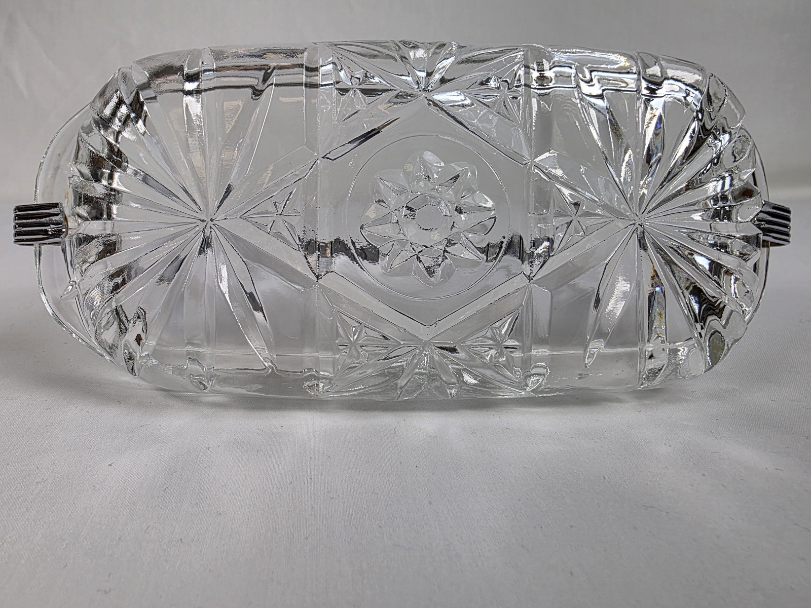 Vintage Glass Relish Tray Chrome Handle Starburst Cut Pattern Candy Dish Server