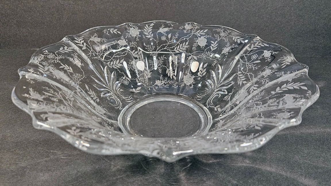 Fostoria Chintz Etch Pattern Flared Bowl Baroque Shape 11 3/4 inches Wide