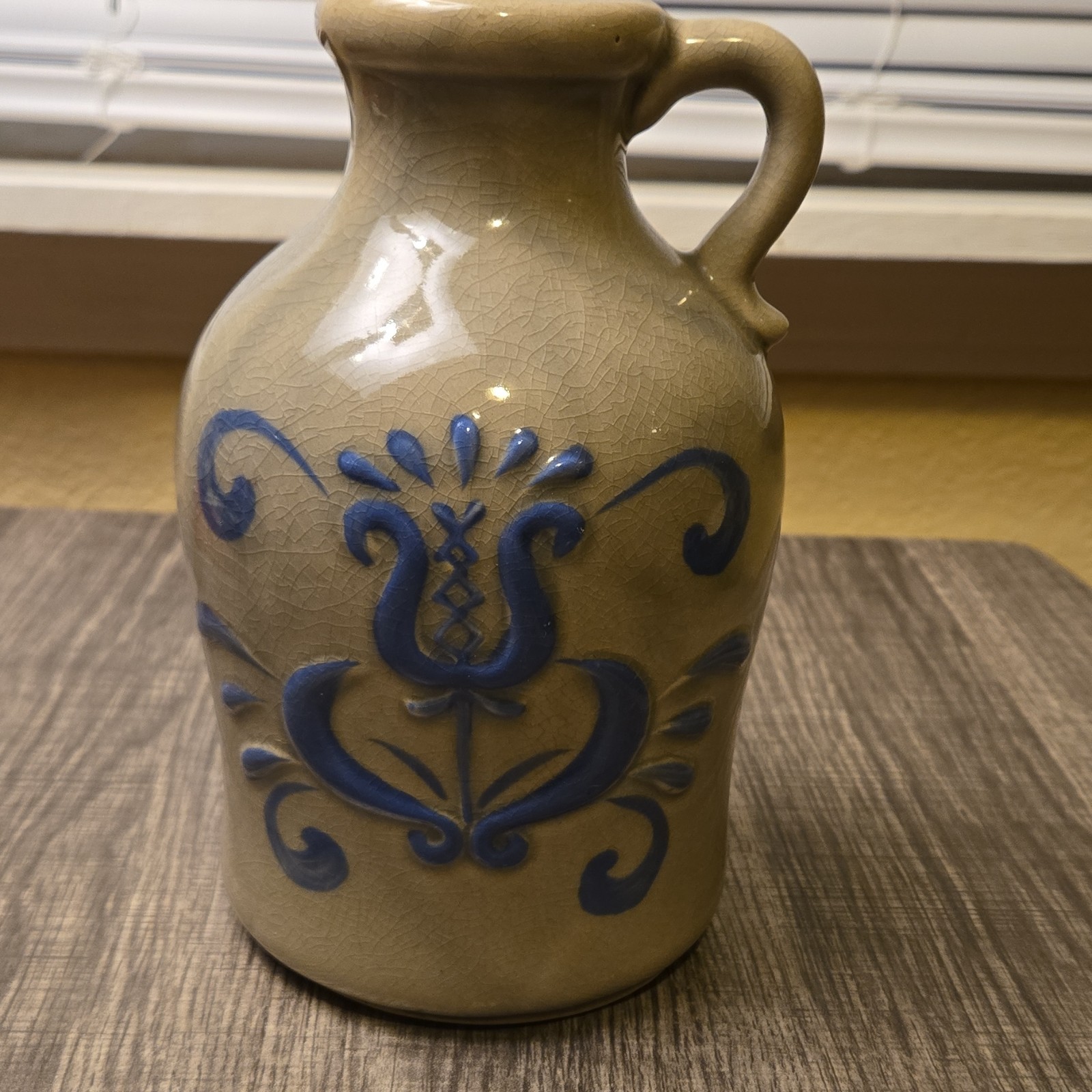 Ceramic Jug Blue Floral Design Glossy Earthenware Round Decorative Handle