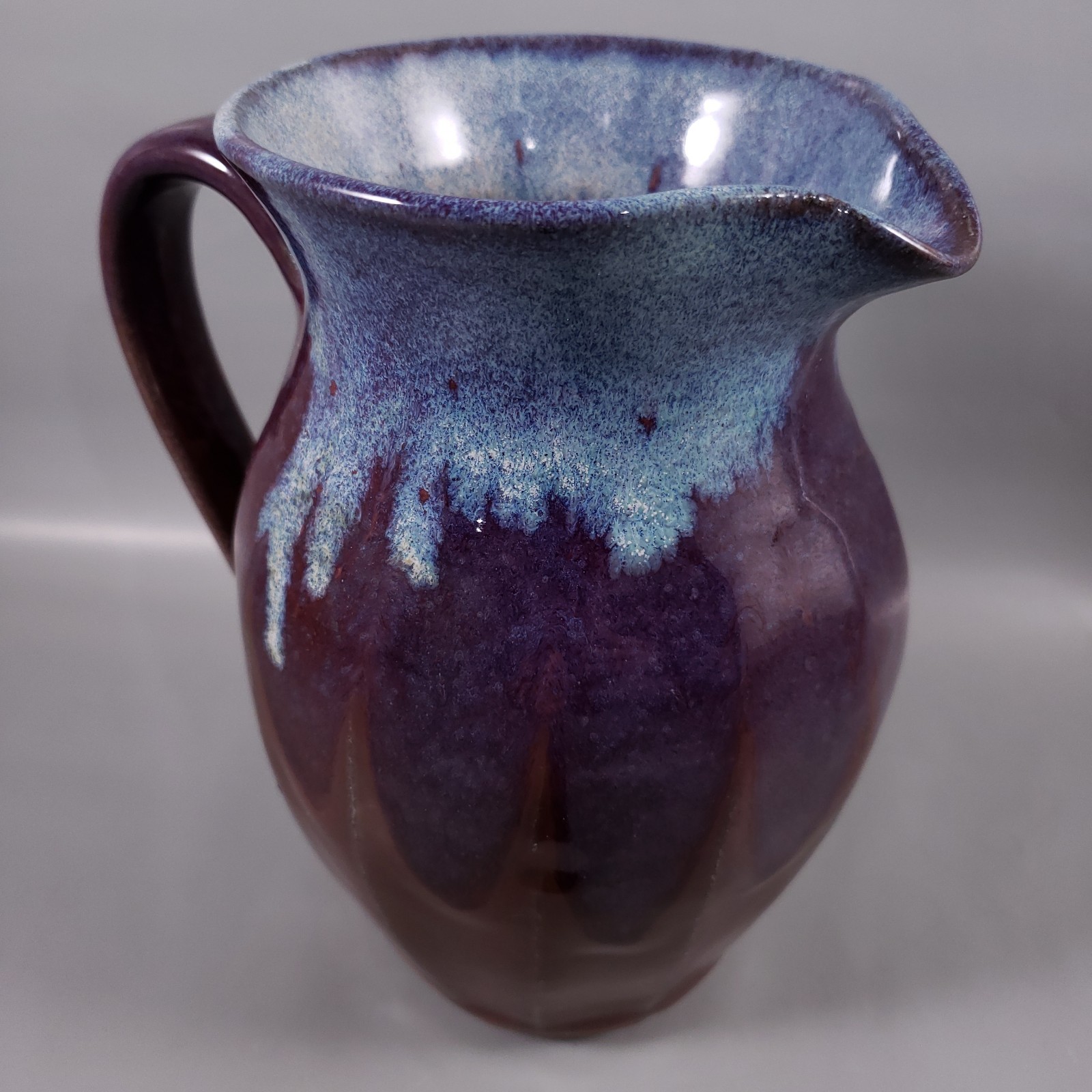 SIGNED Stoneware Purple Blue Drip Glaze Hand Thrown Farmhouse POTTERY PITCHER