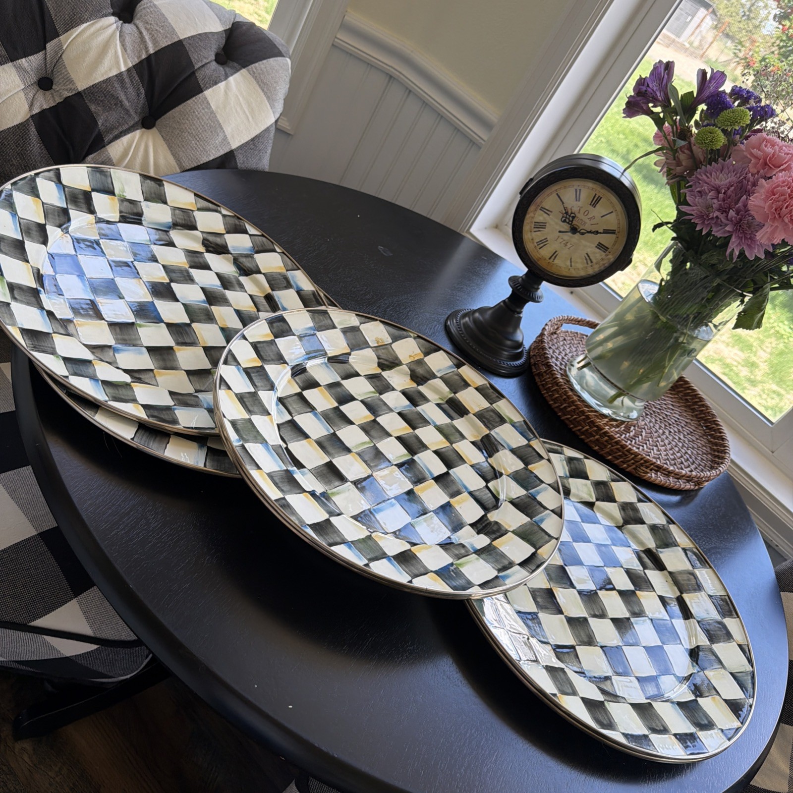 MACKENZIE CHILDS COURTLY CHECK BLACK & WHITE ENAMEL 16″ PLATTERS X6